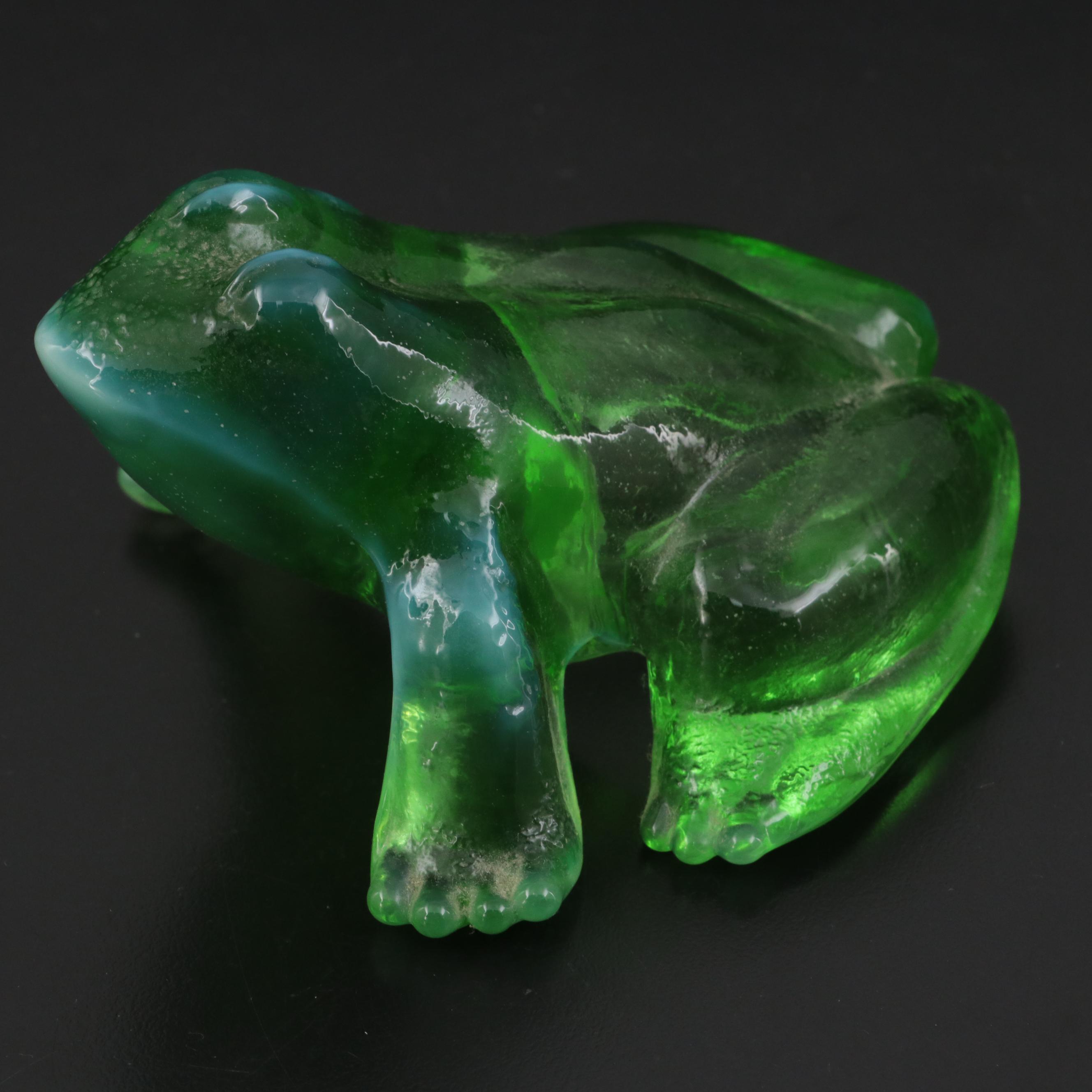 Fenton Custard Glass Frog with Other Green Opalescent Glass Frog Figurines