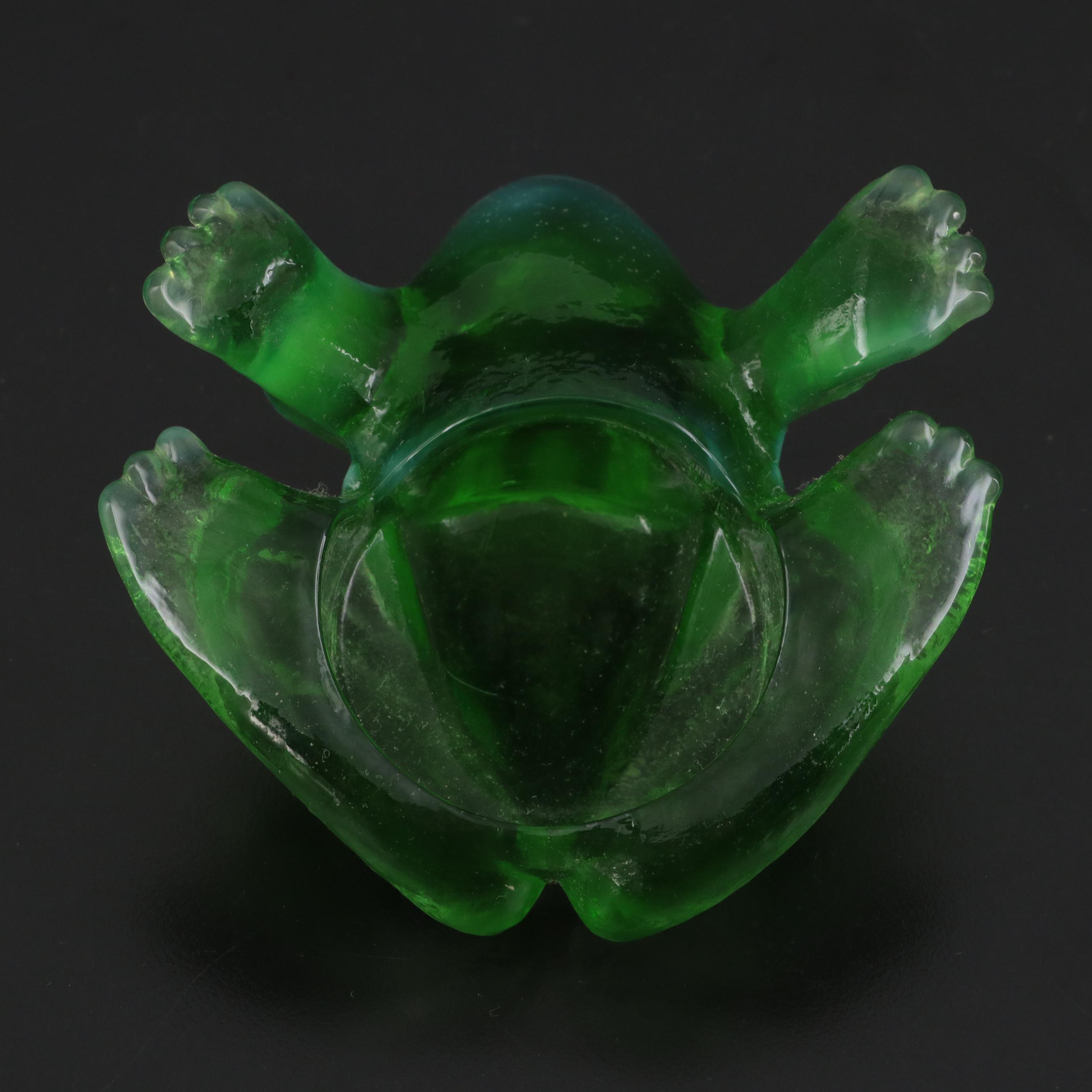 Fenton Custard Glass Frog with Other Green Opalescent Glass Frog Figurines