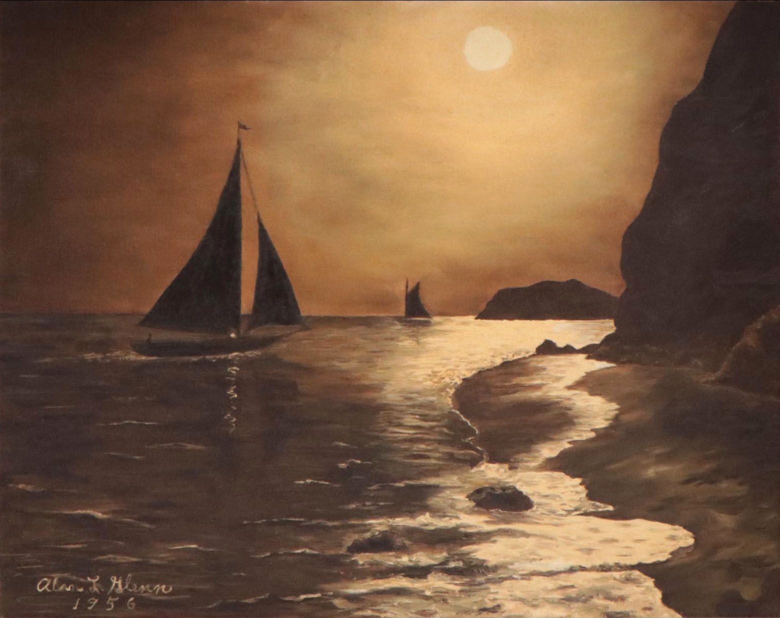 Alan L. Glenn Oil Painting of Coastal Landscape, 1956