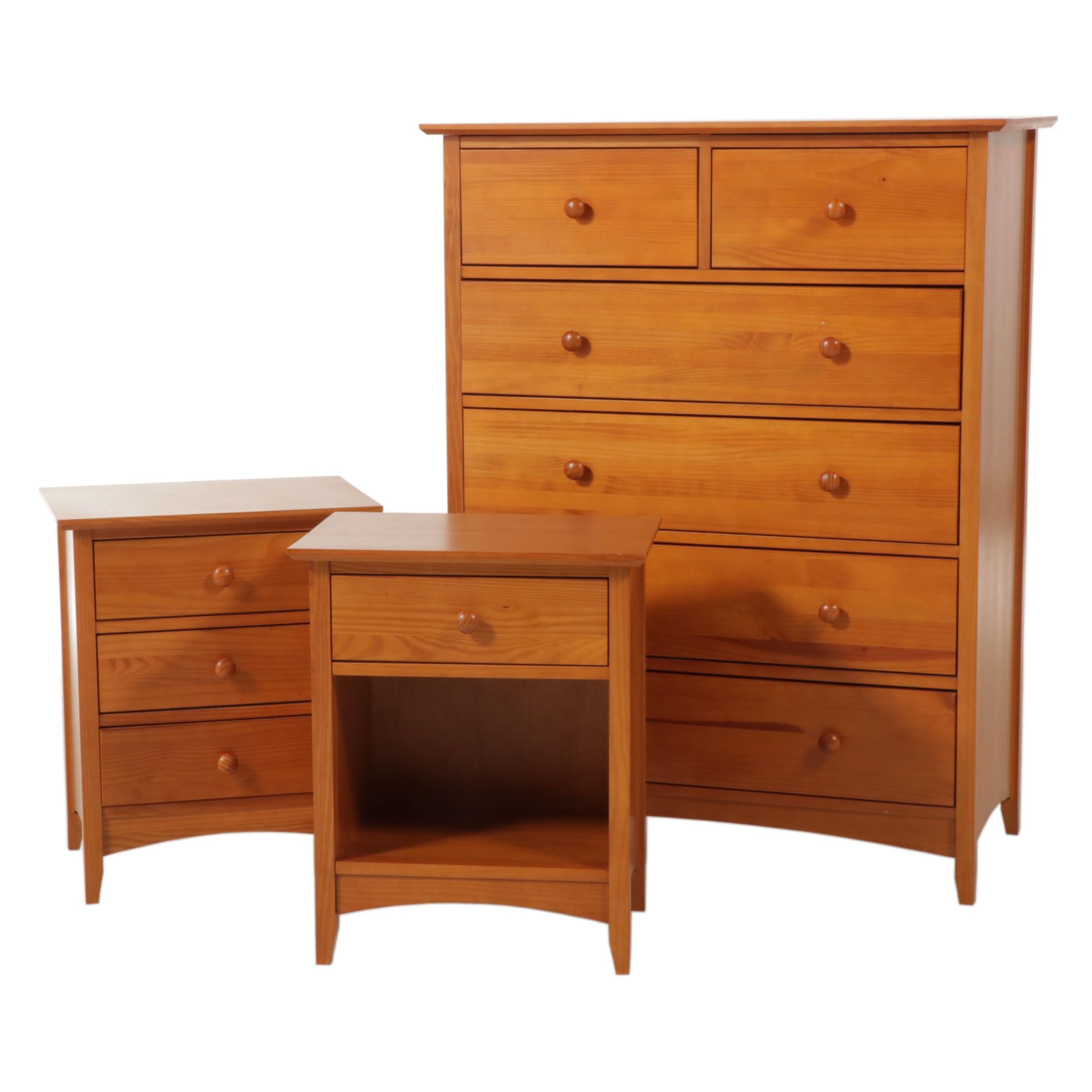 Shaker Style Pine Six-Drawer Chest Plus Two Nightstands
