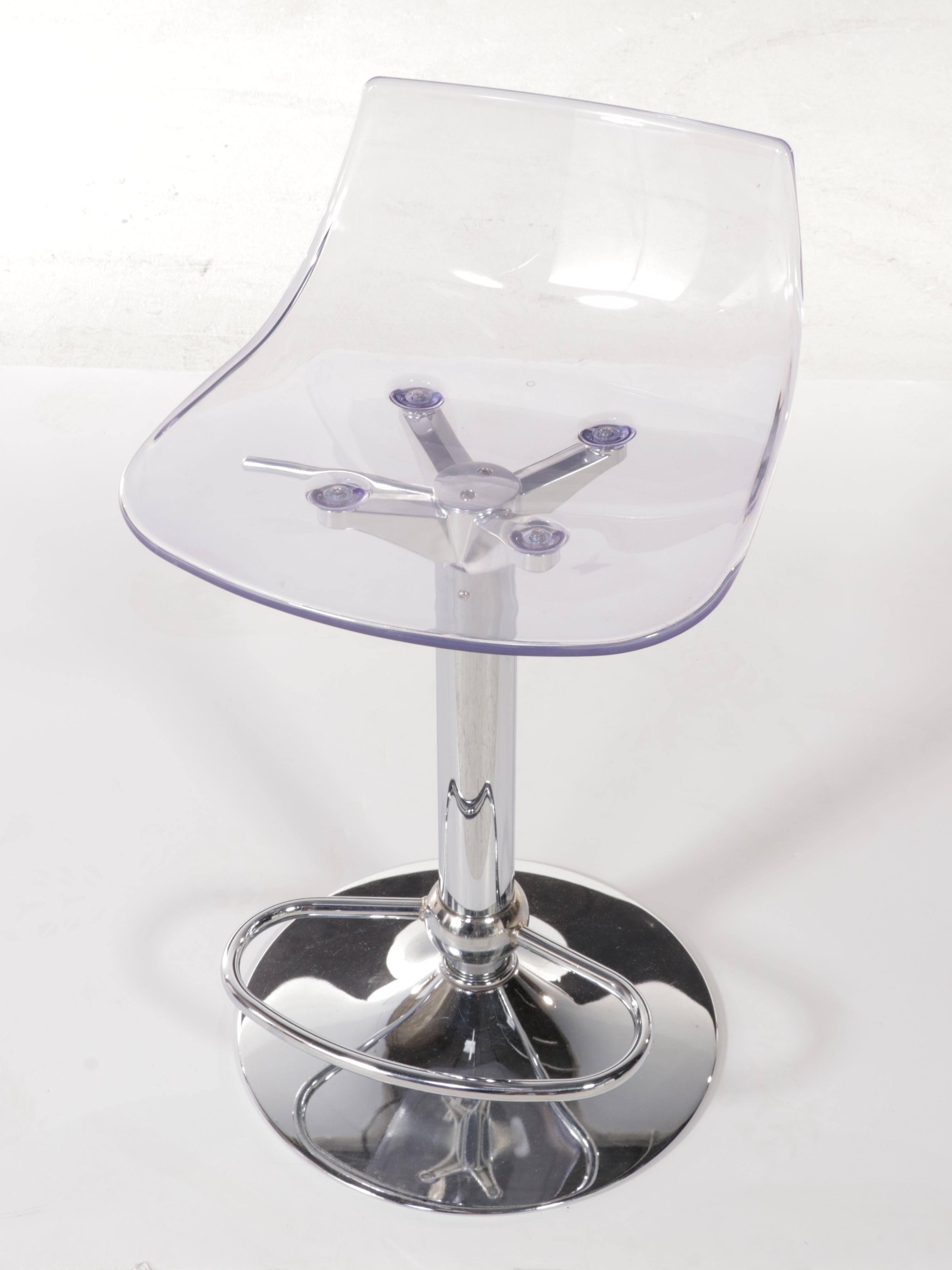 Four Modern Style Clear Acrylic and Chrome Adjustable Barstools