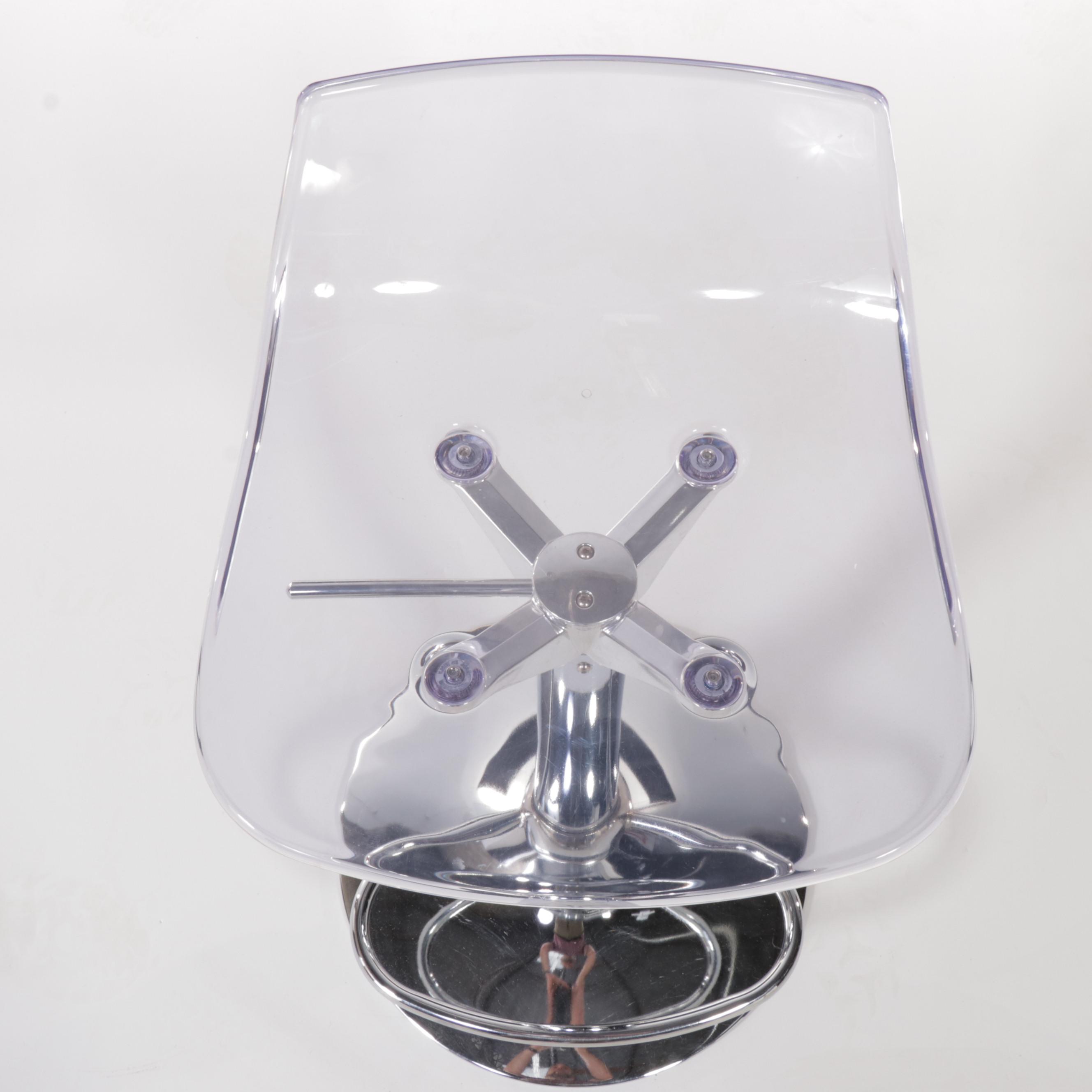 Four Modern Style Clear Acrylic and Chrome Adjustable Barstools