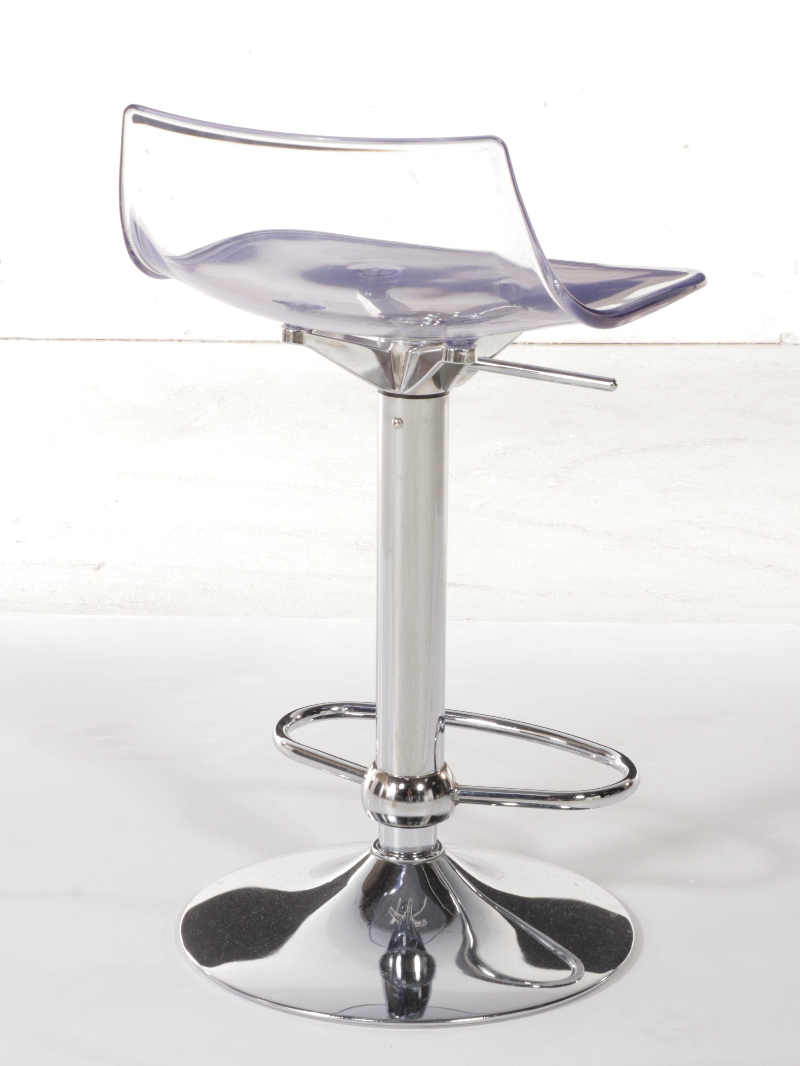 Four Modern Style Clear Acrylic and Chrome Adjustable Barstools