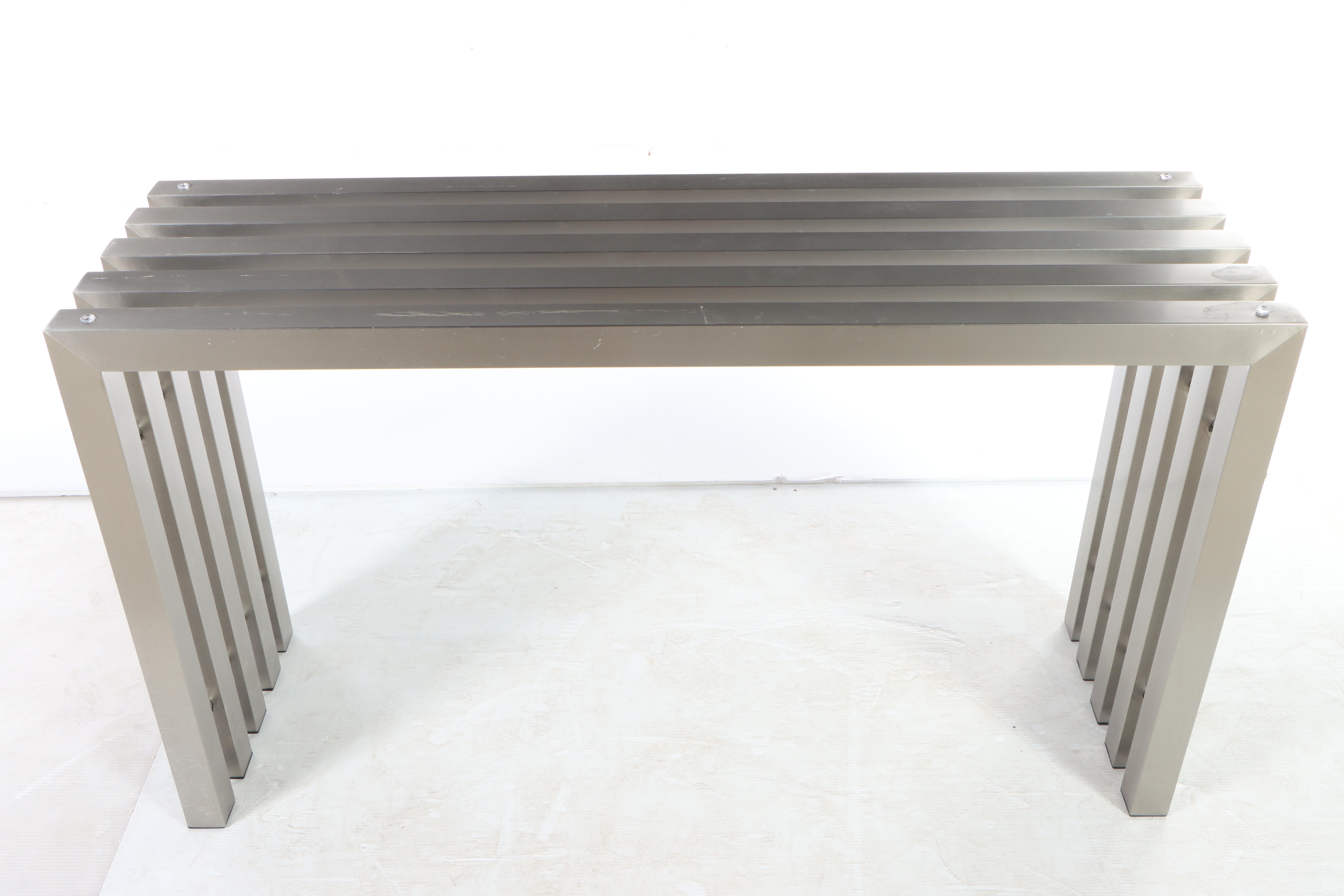 Modernist Style Slatted and Brushed Metal Console Table