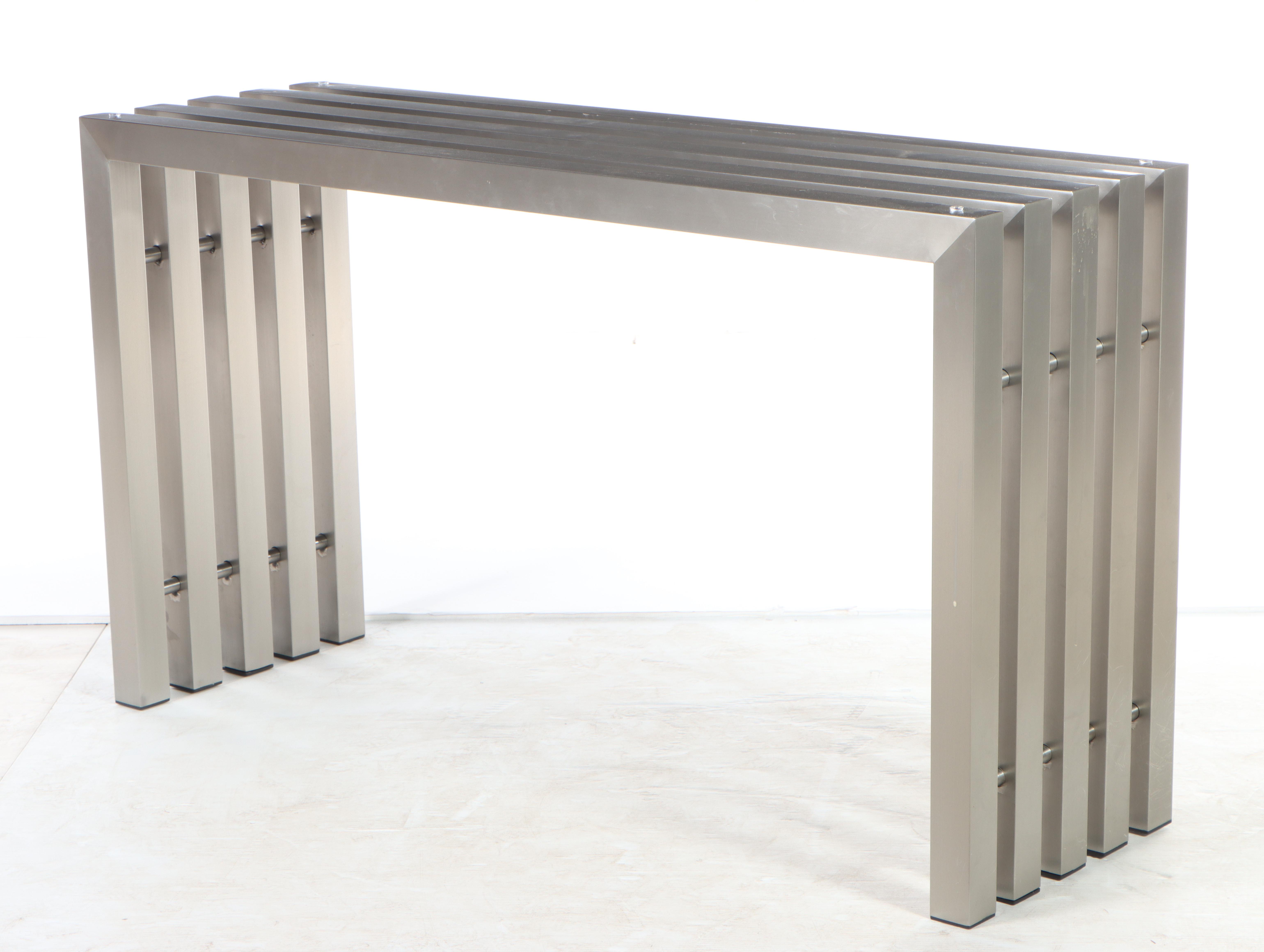 Modernist Style Slatted and Brushed Metal Console Table
