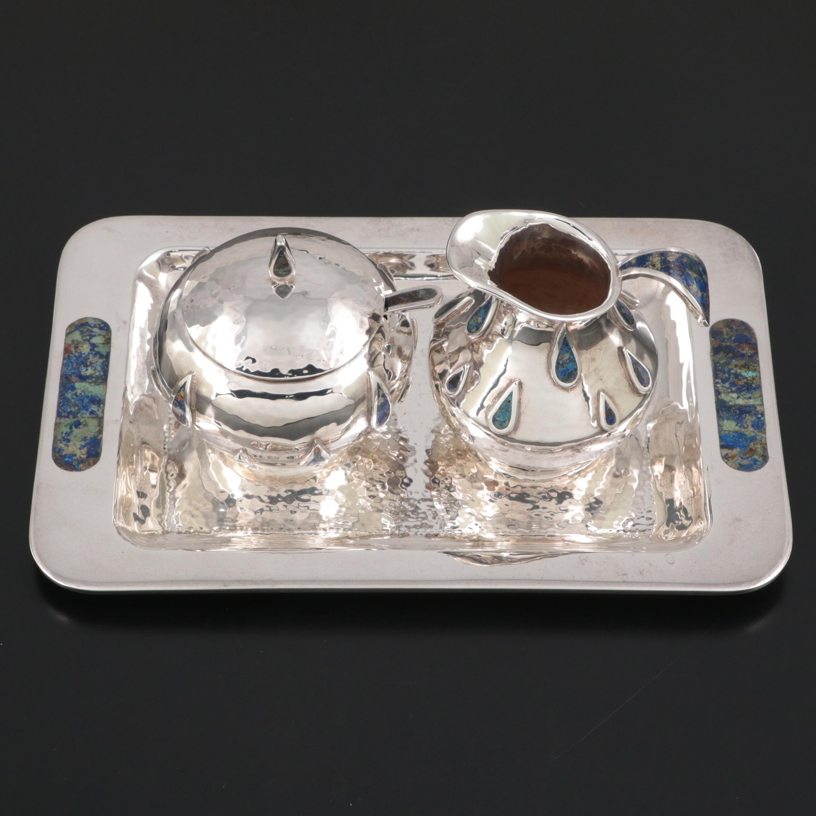 Los Castillo Hammered Silver Plate and Lapis Lazuli Inlay Creamer and Sugar Set