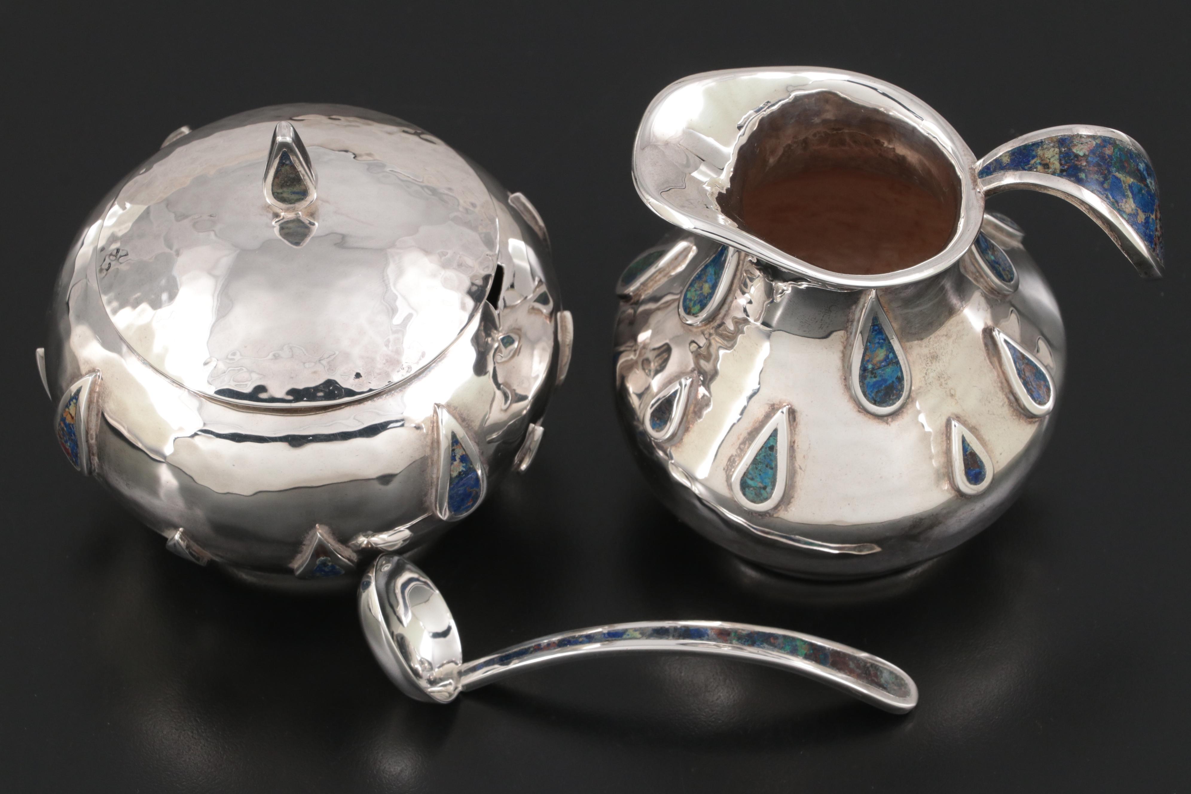 Los Castillo Hammered Silver Plate and Lapis Lazuli Inlay Creamer and Sugar Set