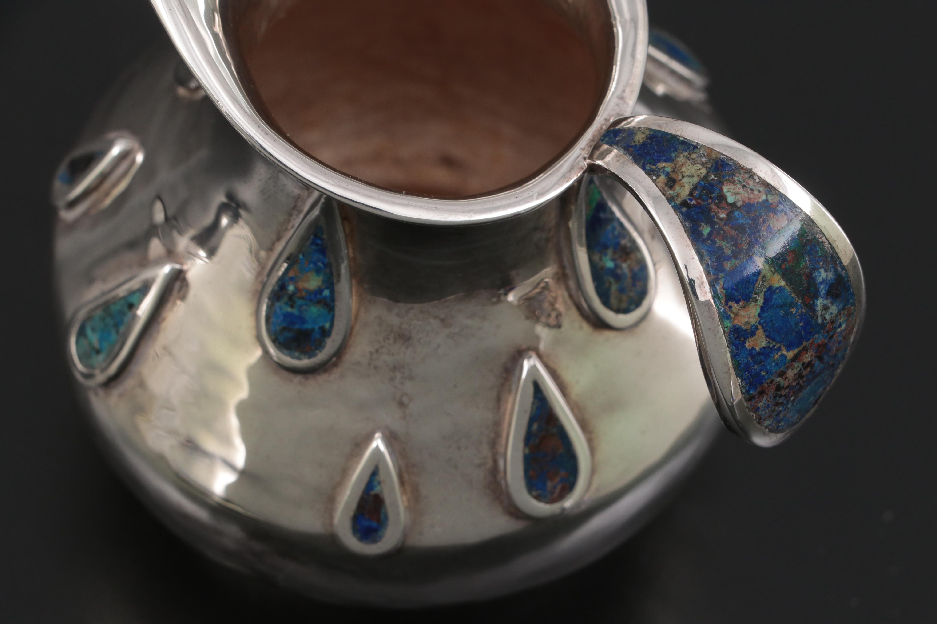 Los Castillo Hammered Silver Plate and Lapis Lazuli Inlay Creamer and Sugar Set