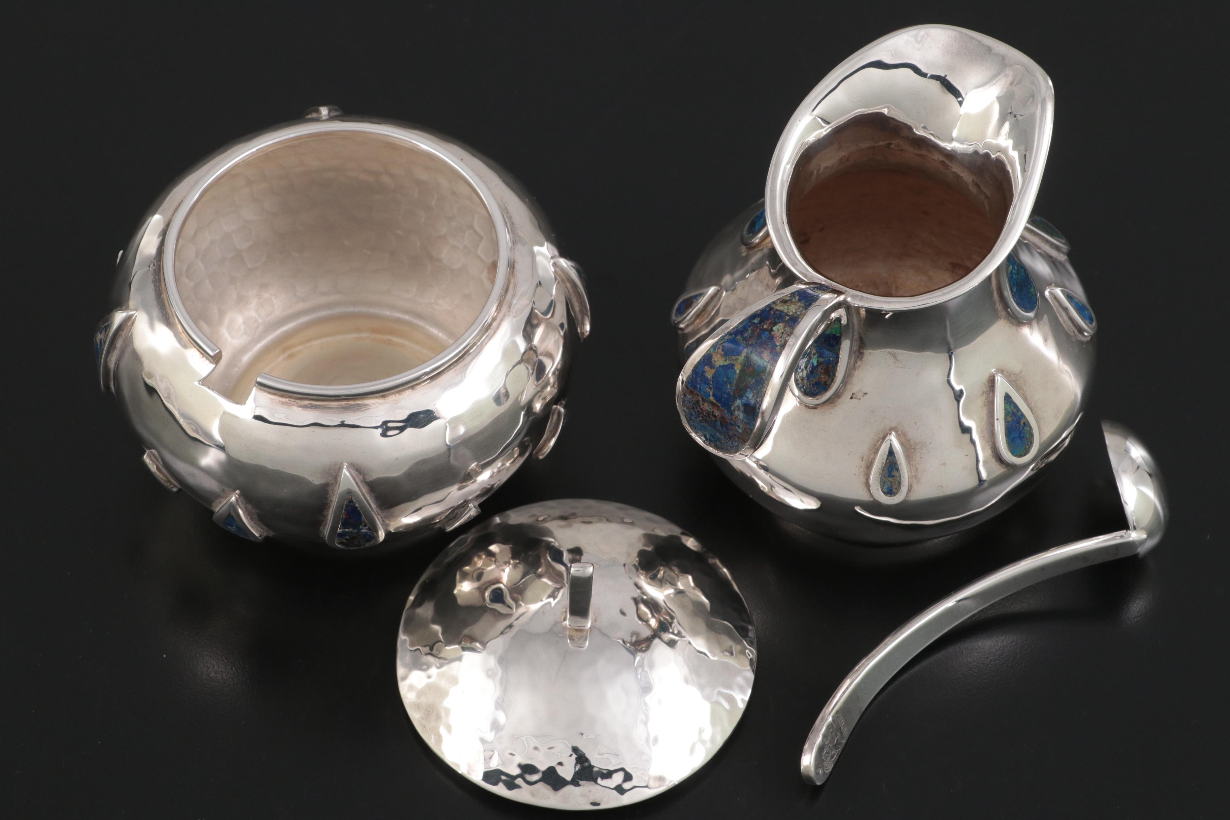 Los Castillo Hammered Silver Plate and Lapis Lazuli Inlay Creamer and Sugar Set