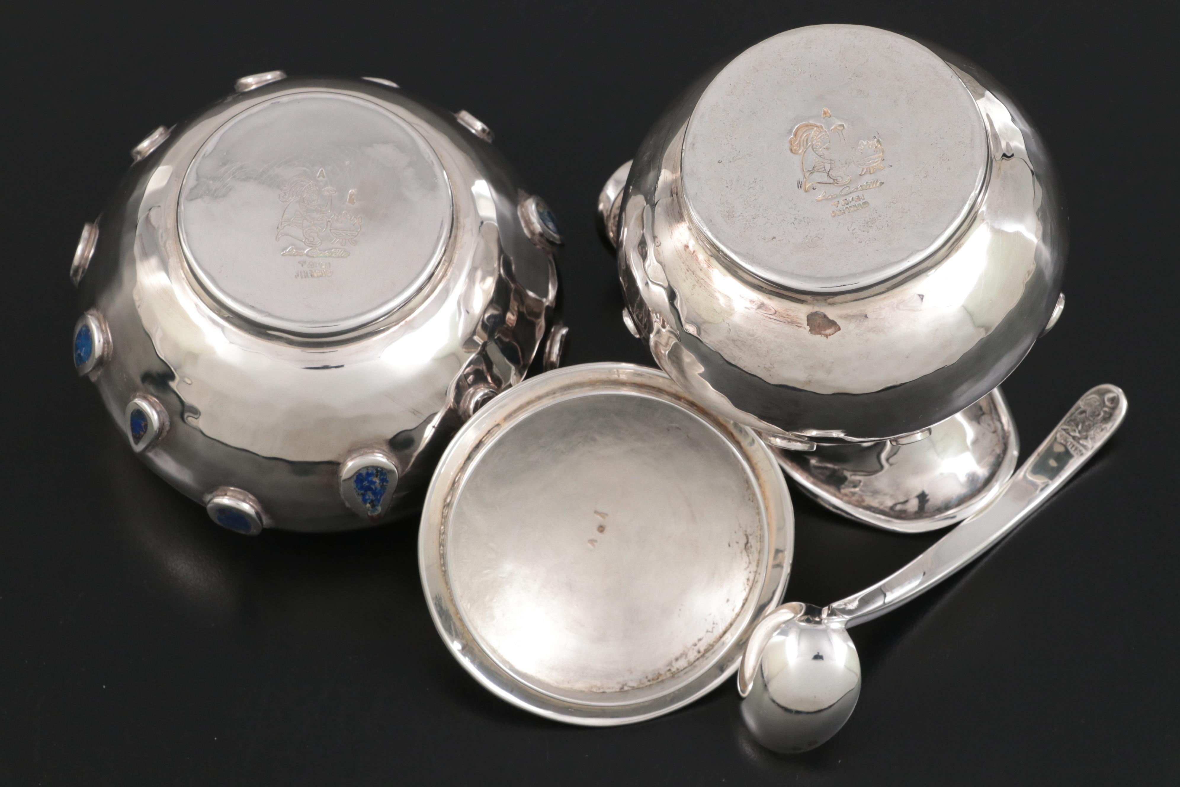 Los Castillo Hammered Silver Plate and Lapis Lazuli Inlay Creamer and Sugar Set