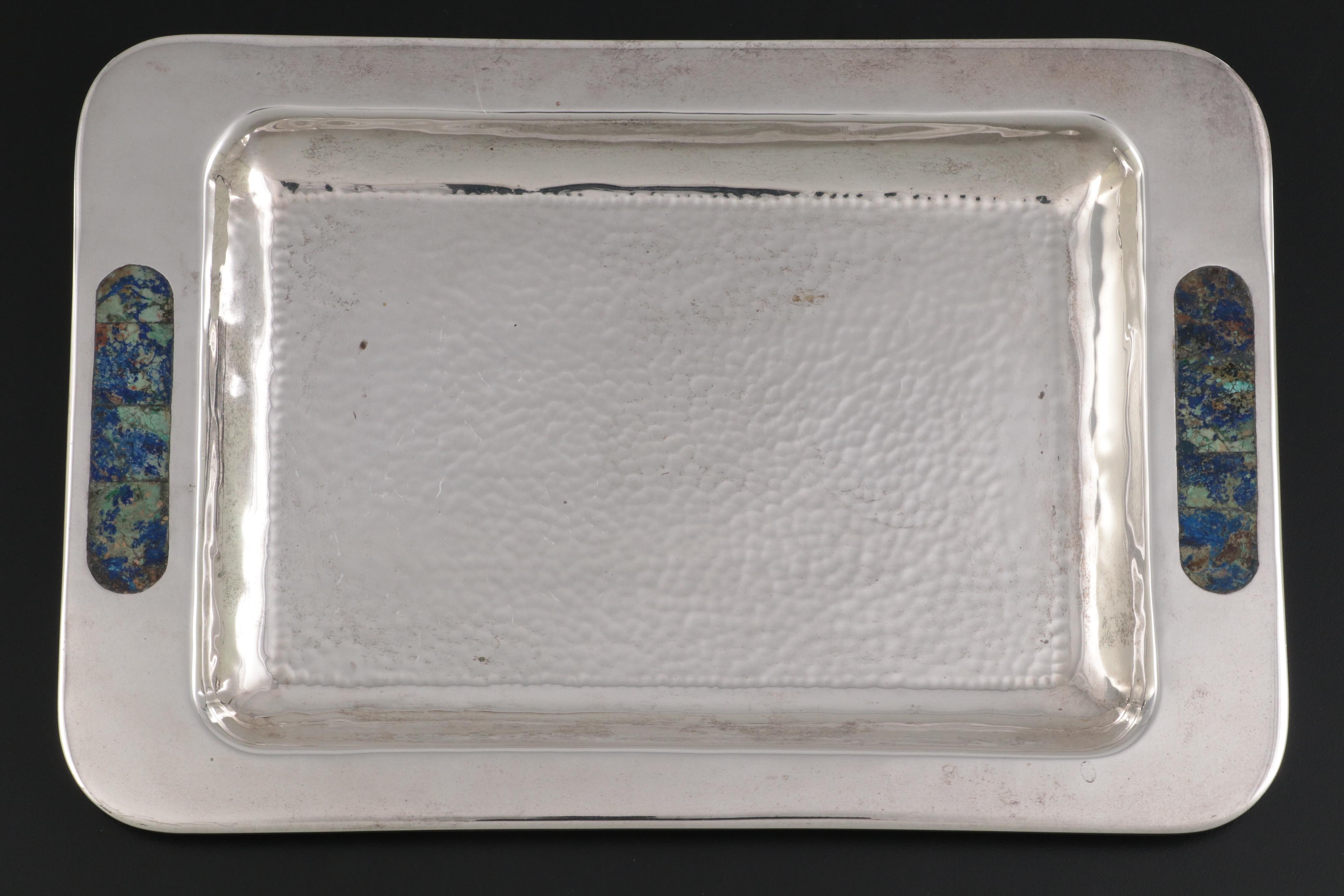 Los Castillo Hammered Silver Plate and Lapis Lazuli Inlay Creamer and Sugar Set