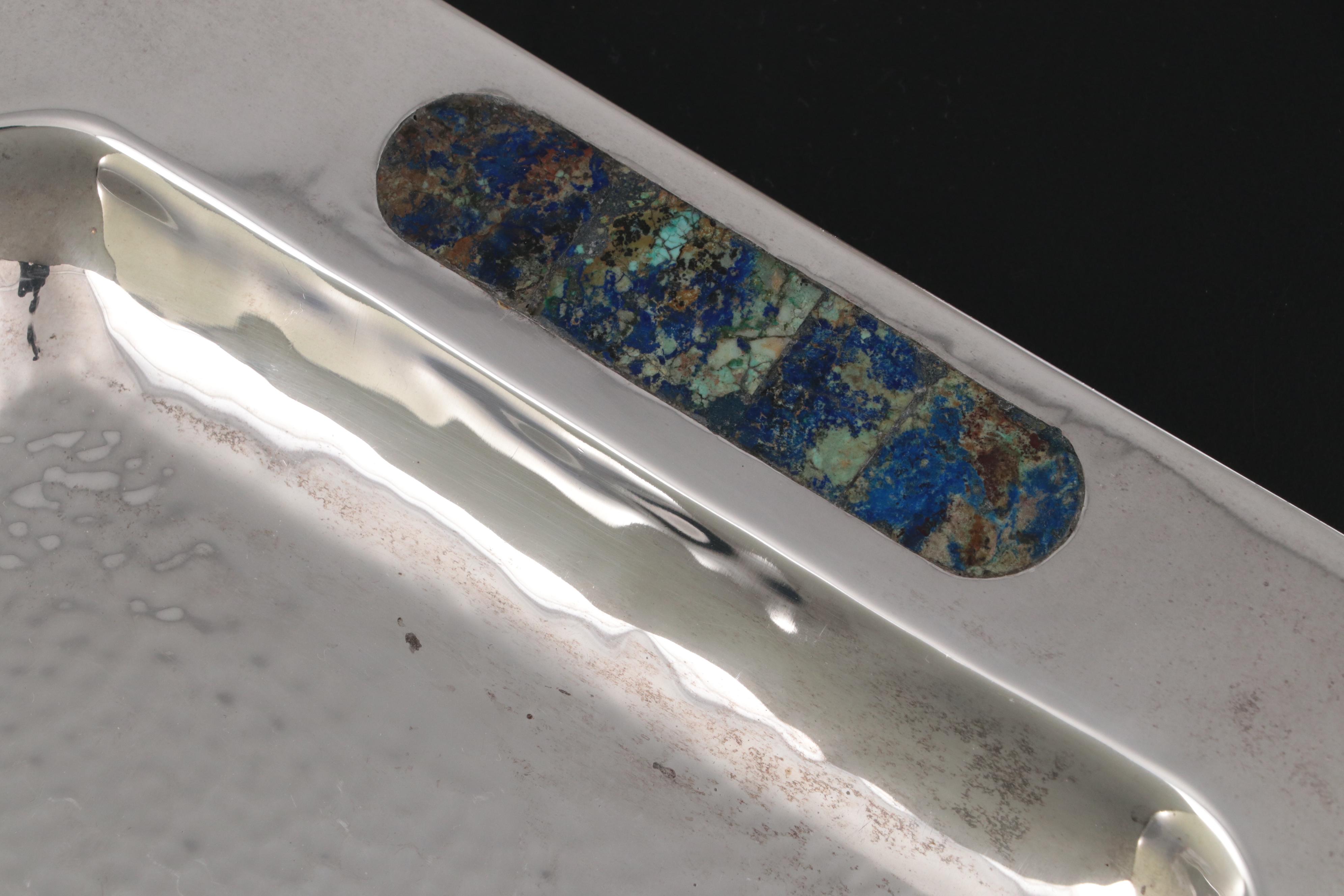 Los Castillo Hammered Silver Plate and Lapis Lazuli Inlay Creamer and Sugar Set