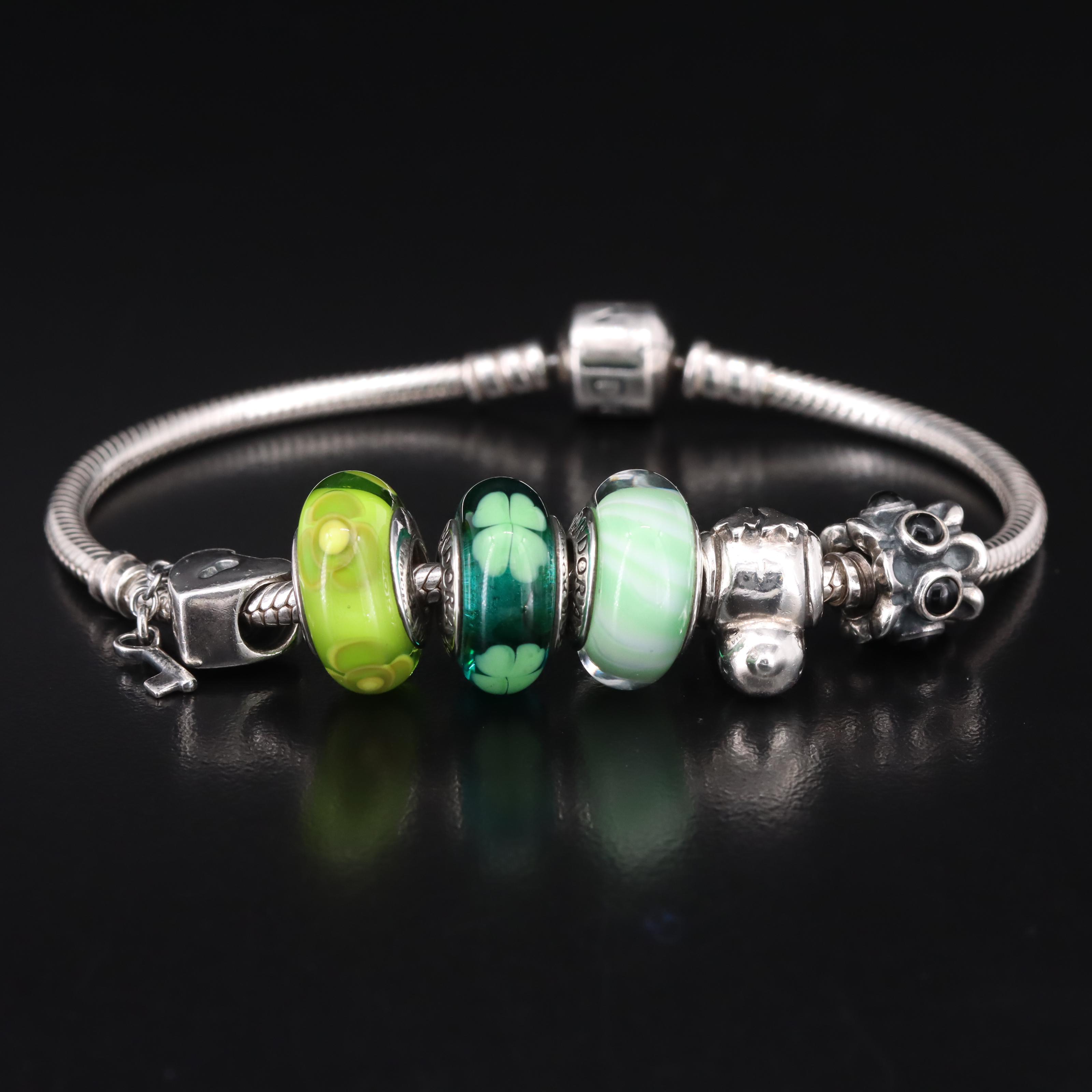 Pandora Sterling Green Glass and Black Onyx Charm Bracelet