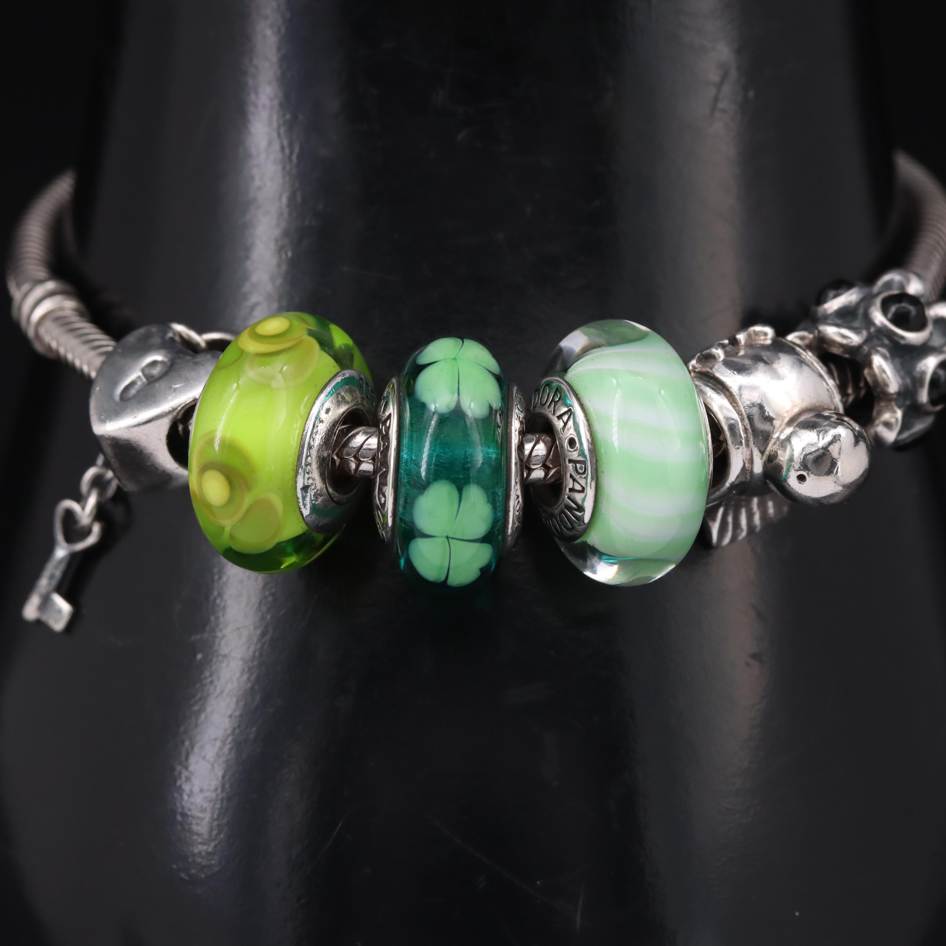 Pandora Sterling Green Glass and Black Onyx Charm Bracelet