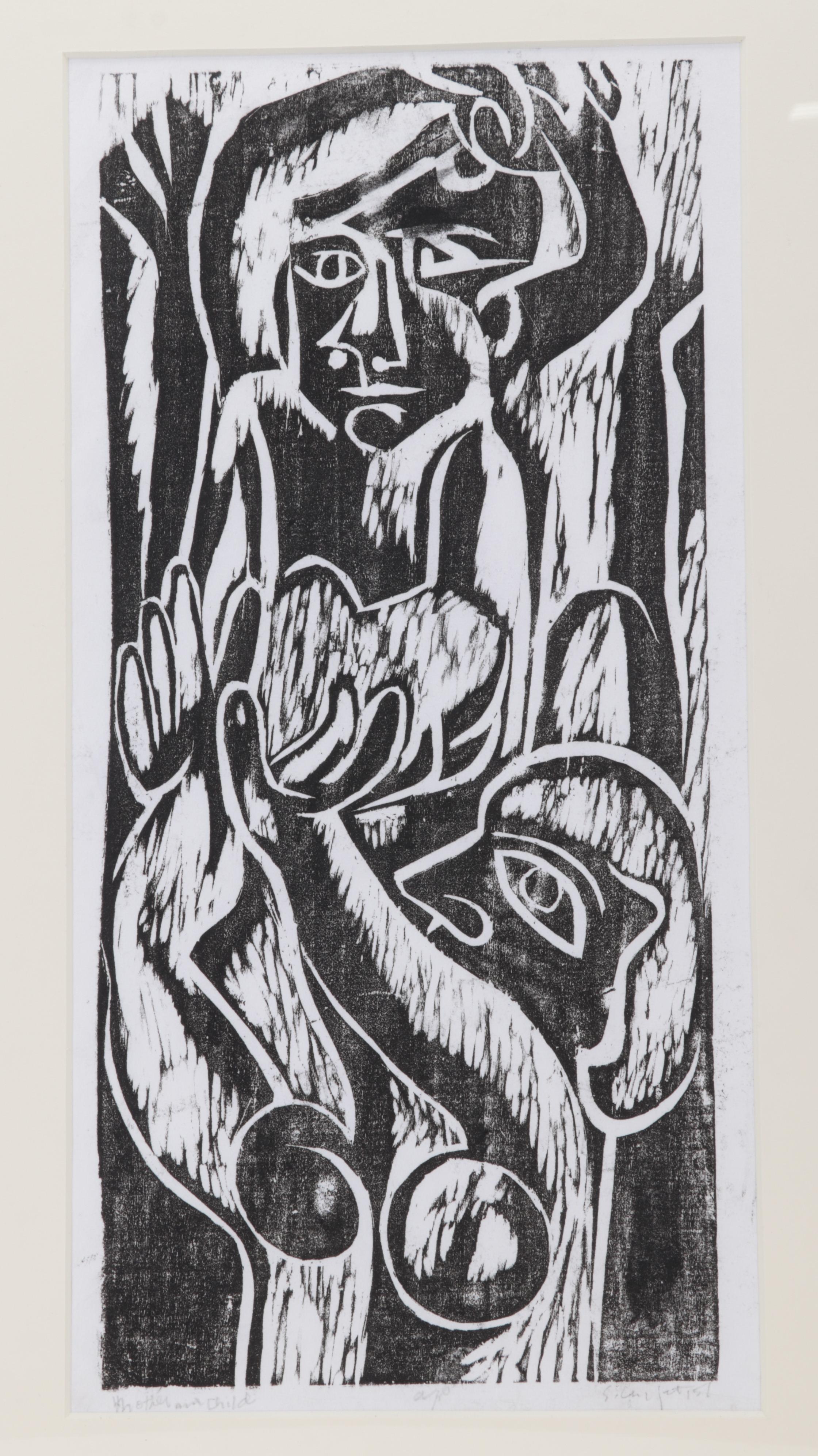 Sidney Chafetz Woodcut "Mother and Child," 1951