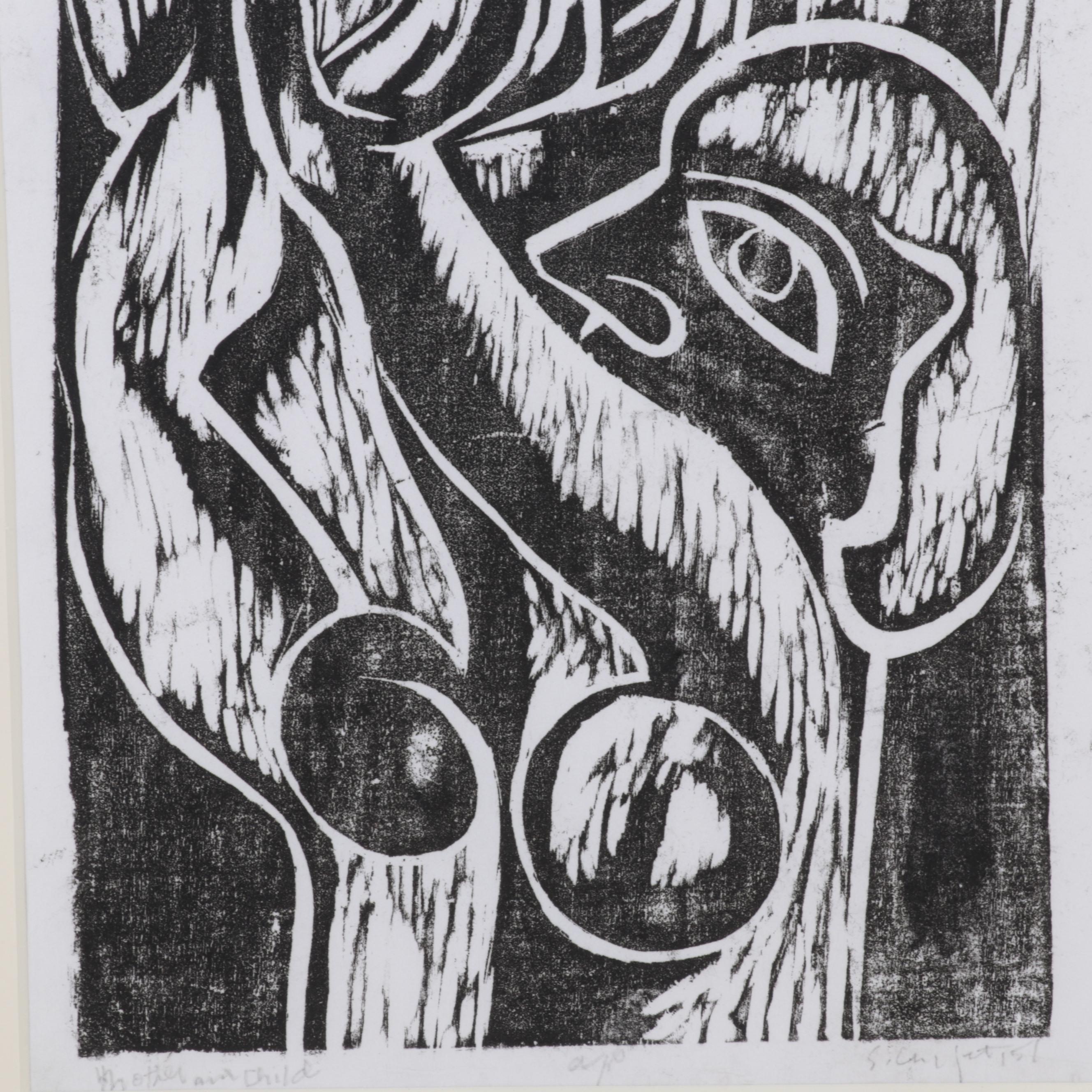 Sidney Chafetz Woodcut "Mother and Child," 1951
