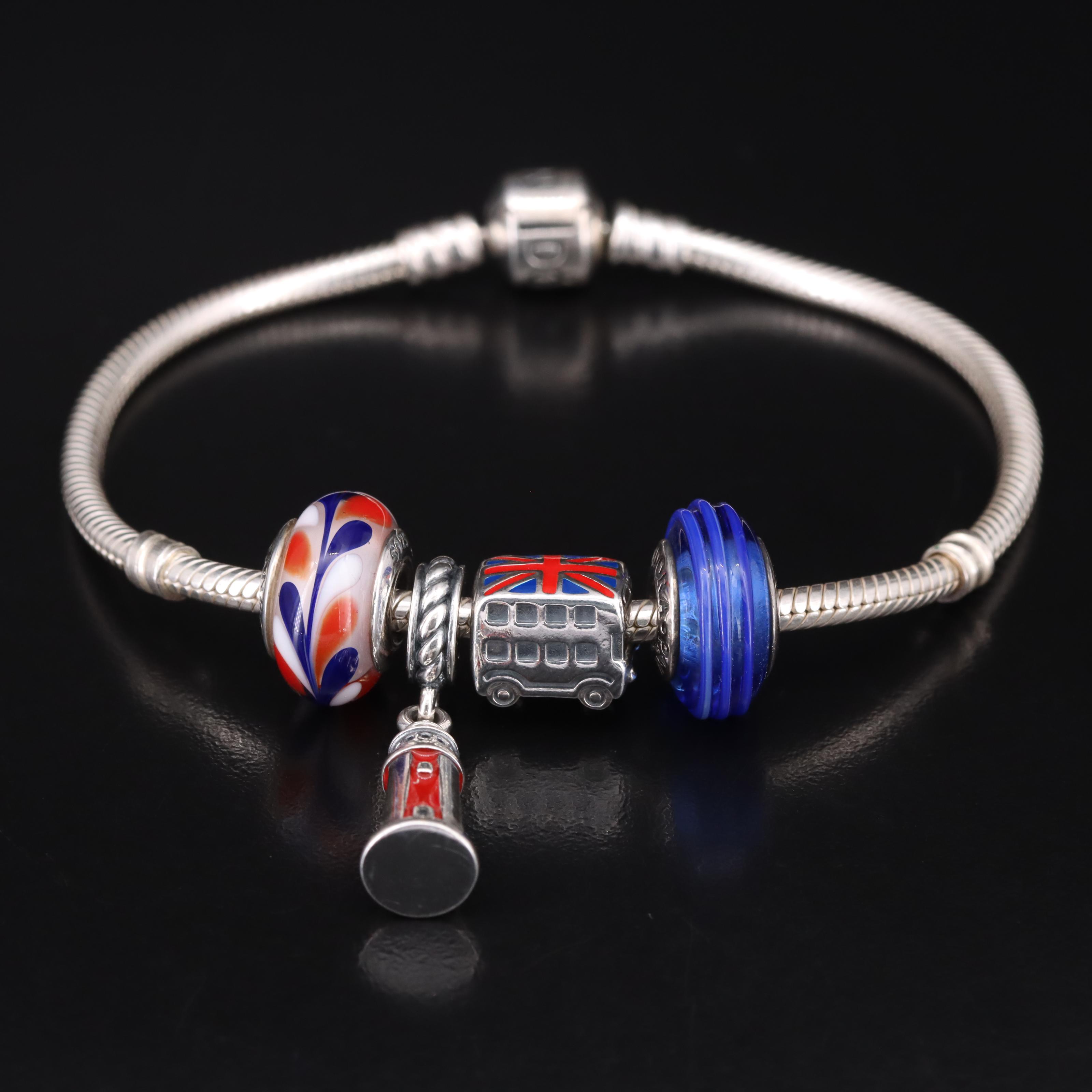 Pandora Sterling Double Decker English Bus, Lighthouse and Glass Charm Bracelet