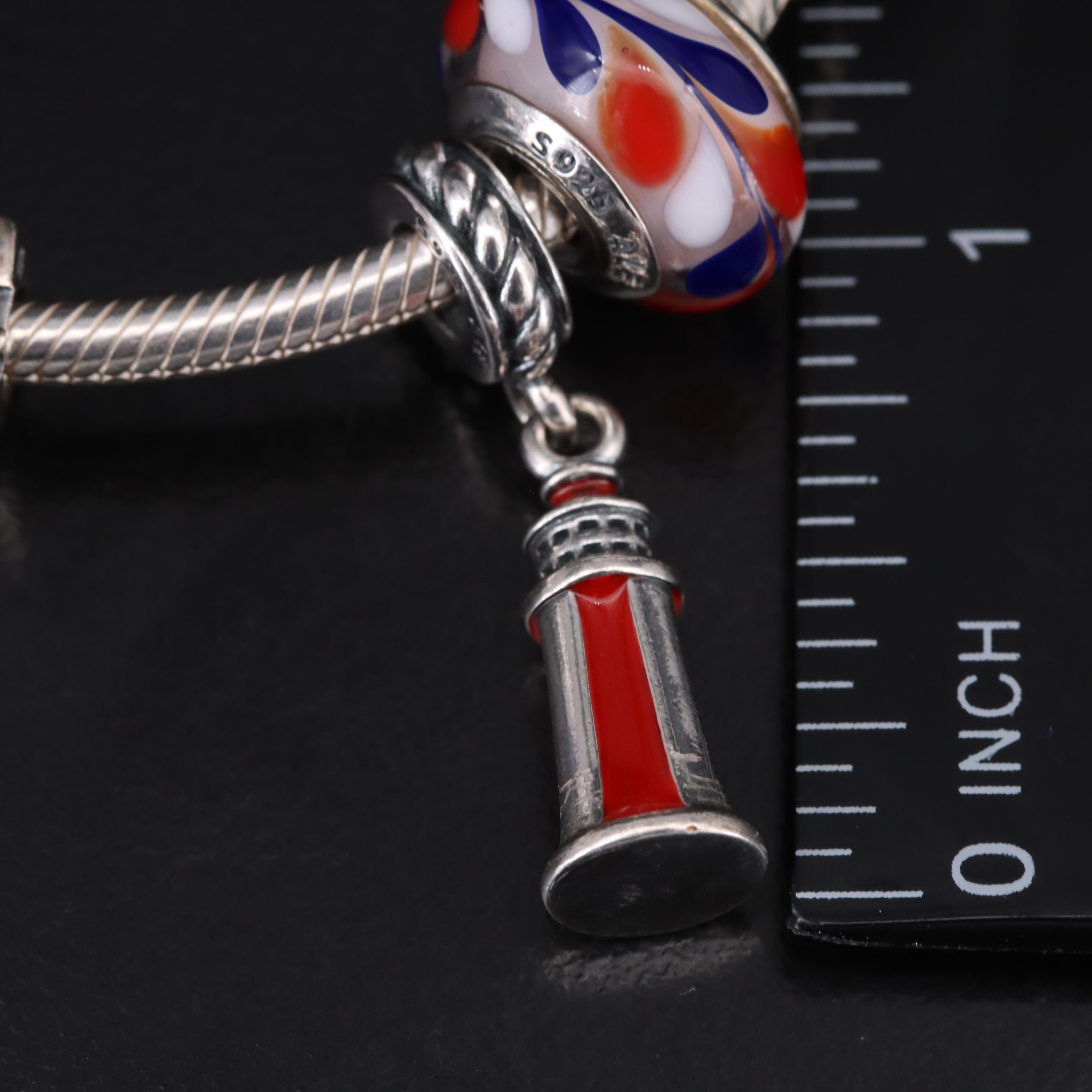 Pandora Sterling Double Decker English Bus, Lighthouse and Glass Charm Bracelet