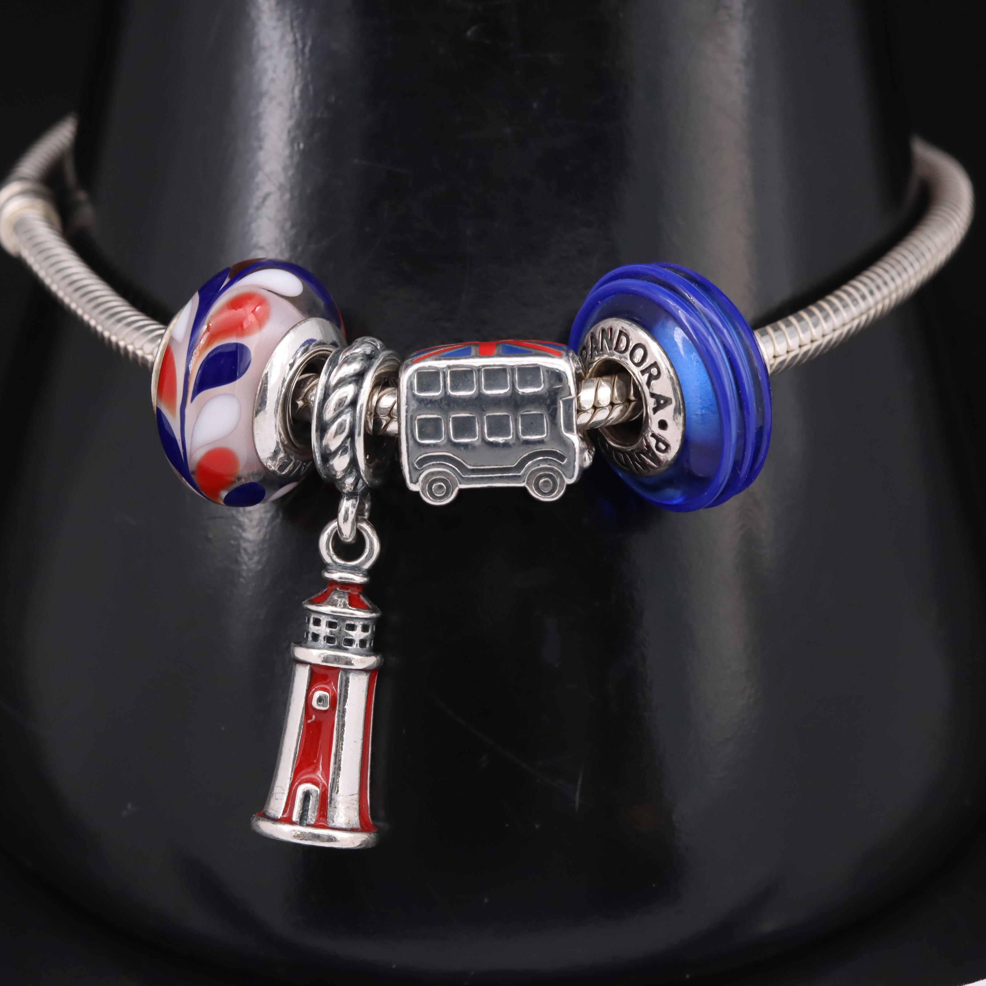 Pandora Sterling Double Decker English Bus, Lighthouse and Glass Charm Bracelet