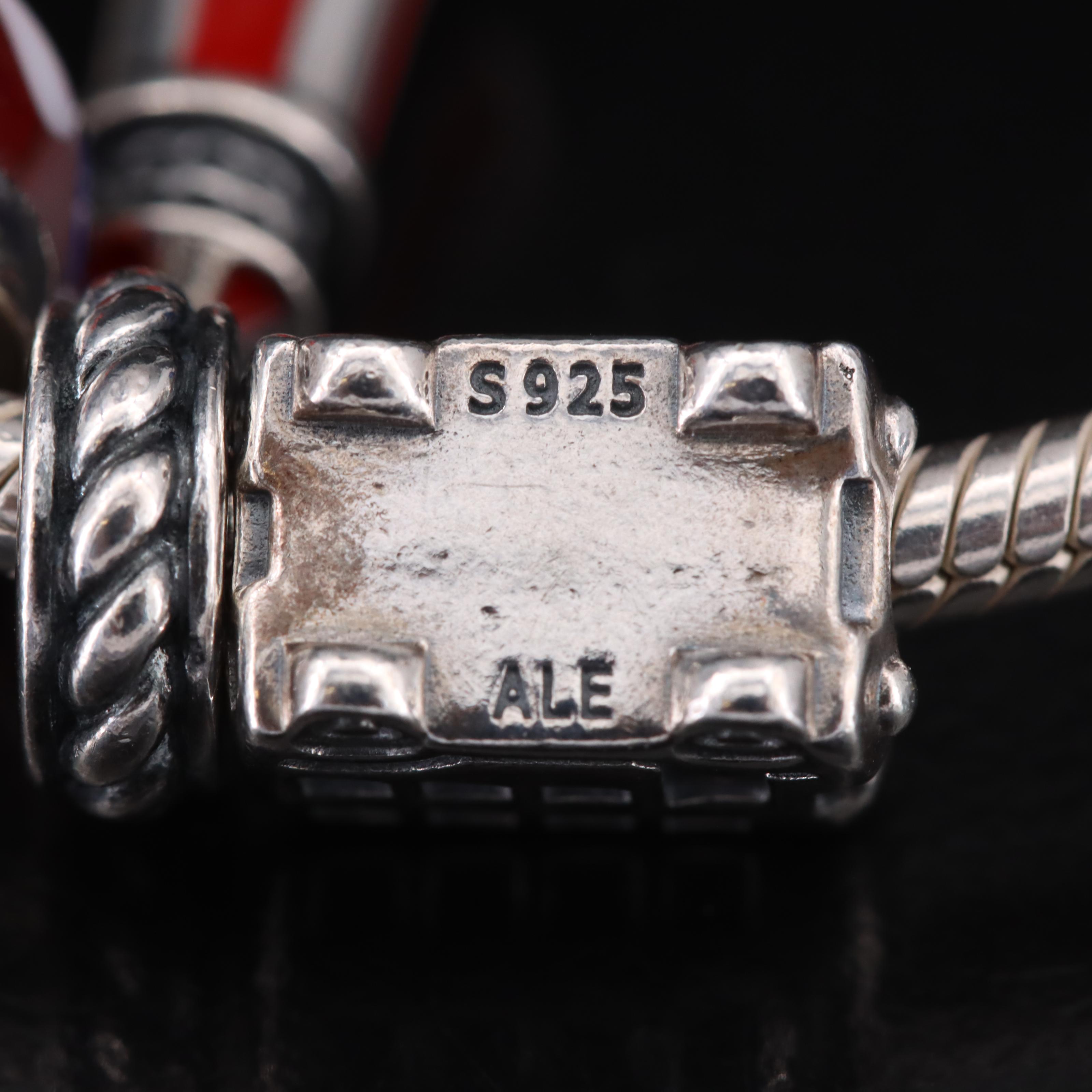 Pandora Sterling Double Decker English Bus, Lighthouse and Glass Charm Bracelet