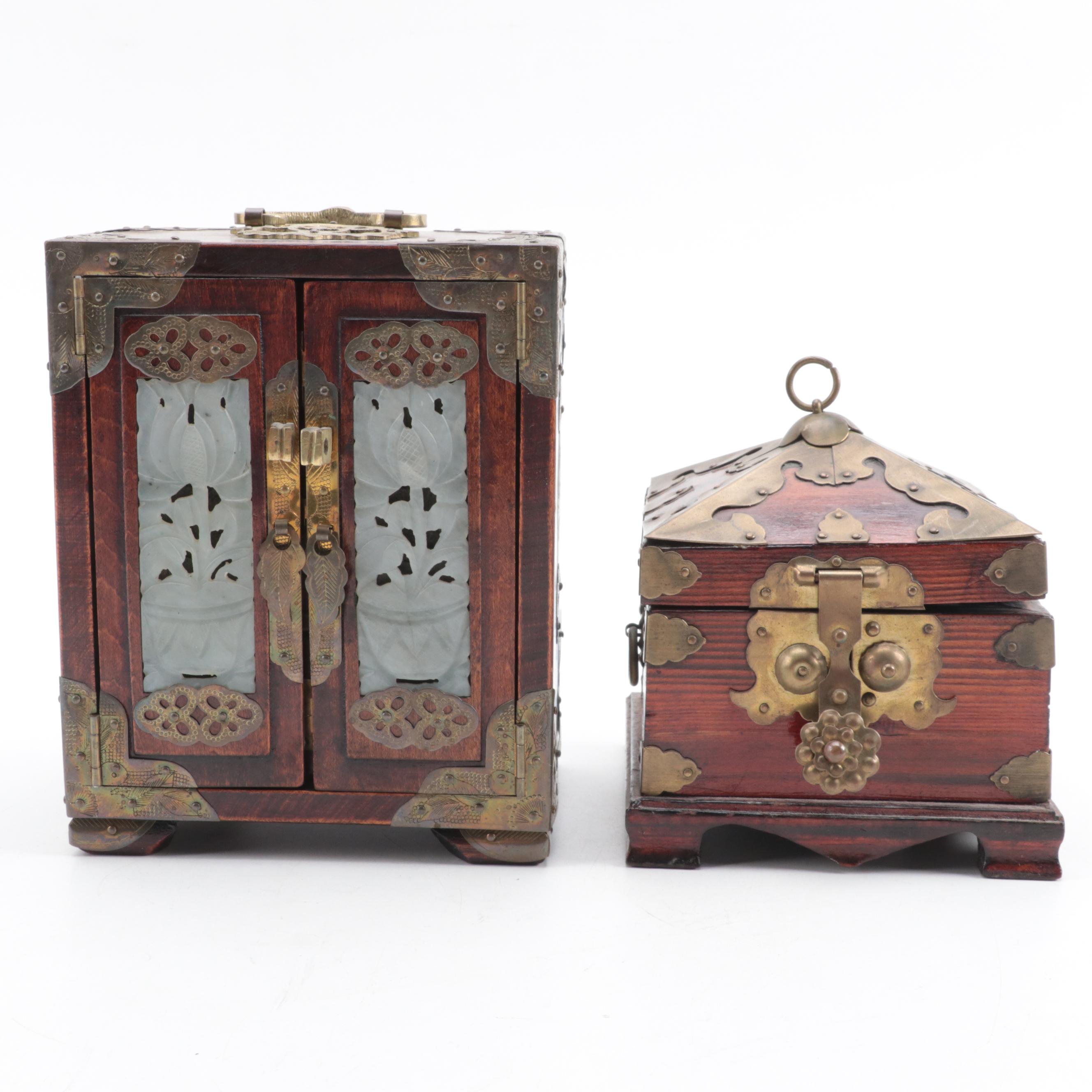 Chinese Brass Mounted Box with Carved Serpentine Inlaid Jewelry Box