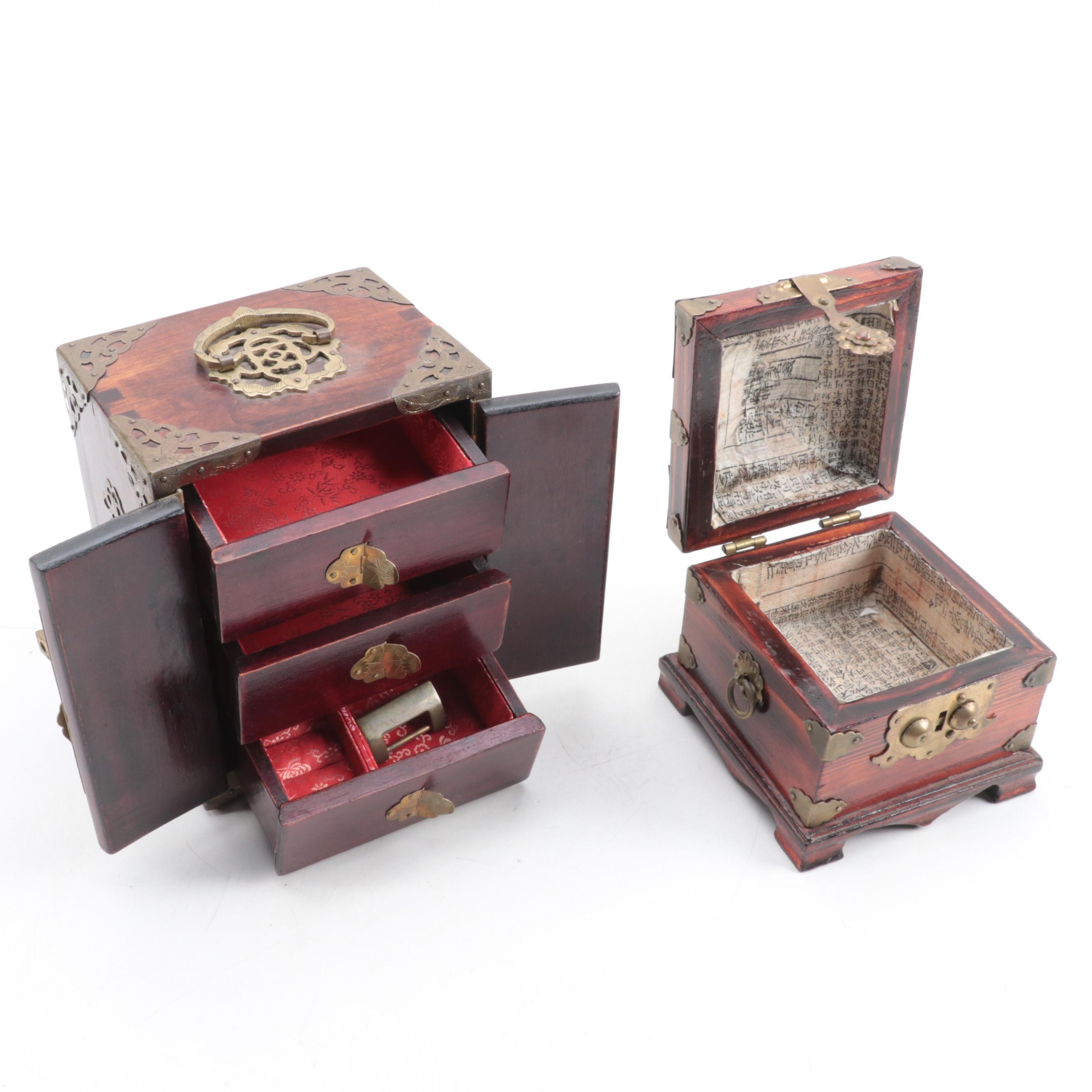 Chinese Brass Mounted Box with Carved Serpentine Inlaid Jewelry Box