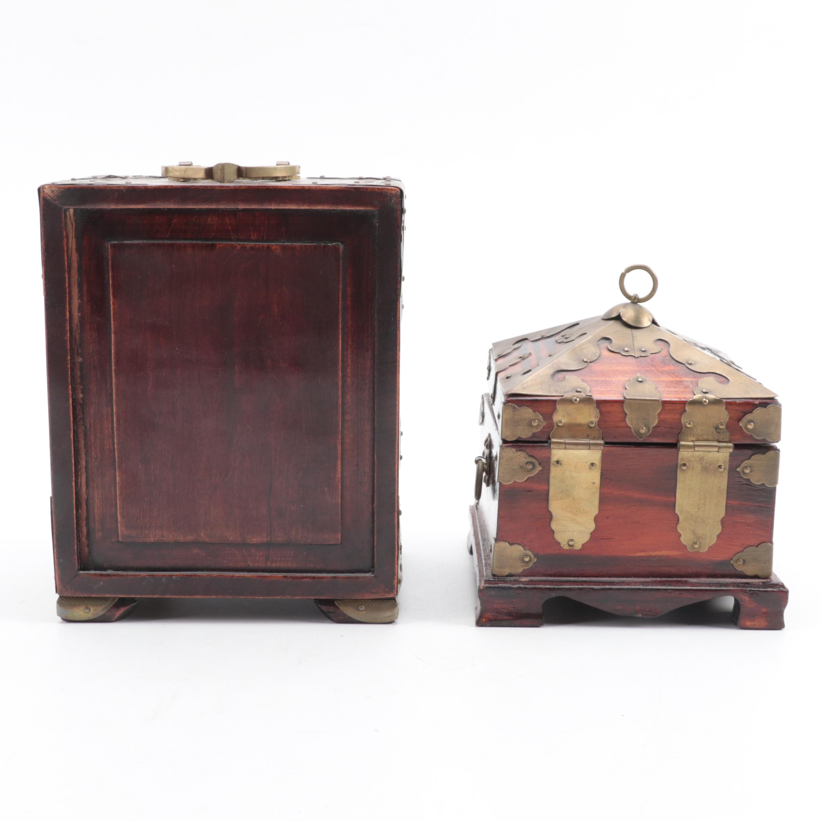 Chinese Brass Mounted Box with Carved Serpentine Inlaid Jewelry Box