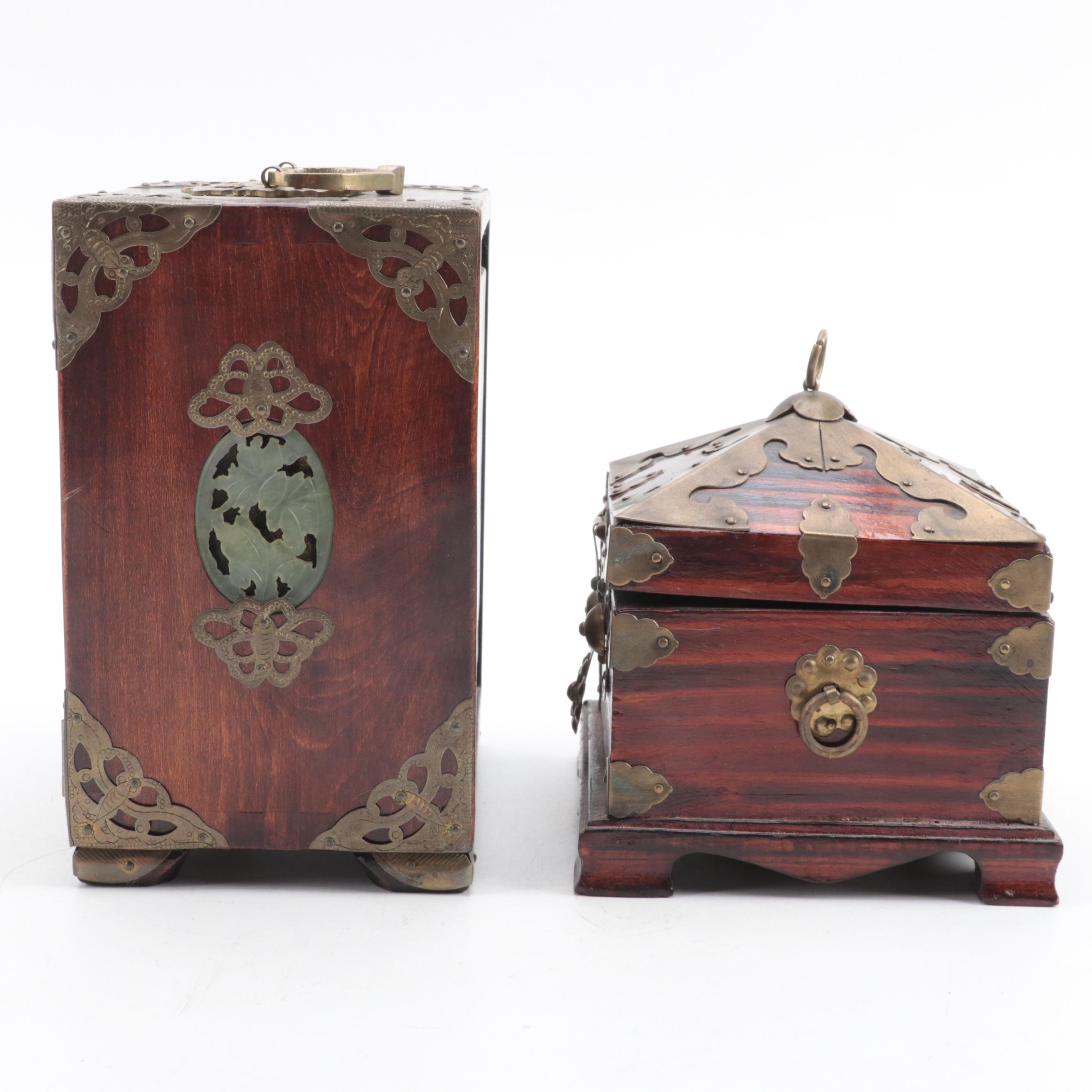 Chinese Brass Mounted Box with Carved Serpentine Inlaid Jewelry Box