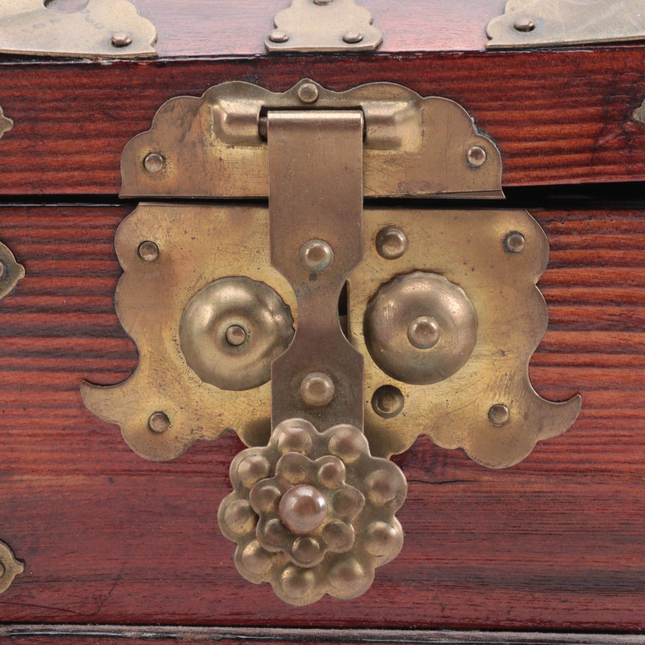 Chinese Brass Mounted Box with Carved Serpentine Inlaid Jewelry Box