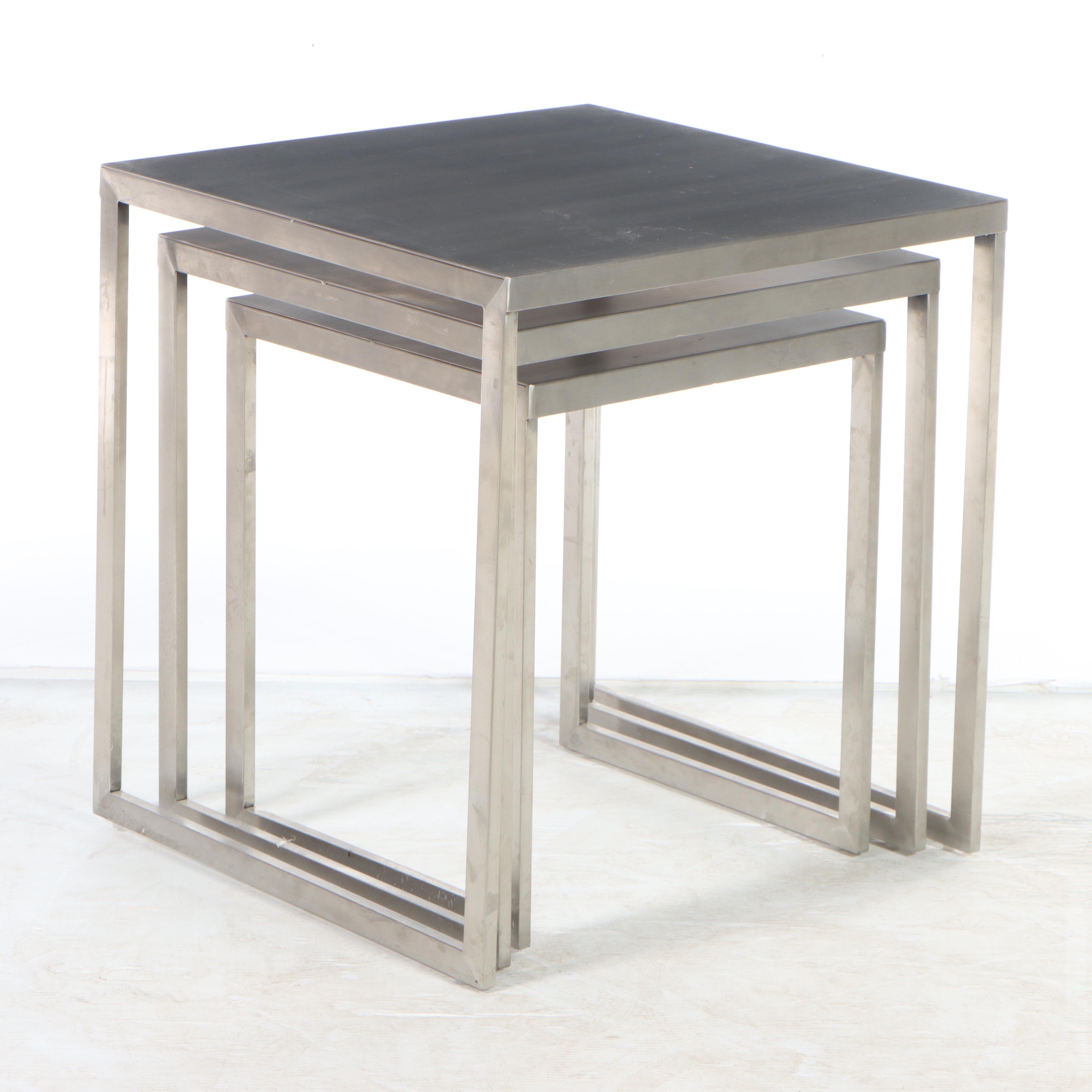 Three Modernist Style Brushed Metal Nesting Tables