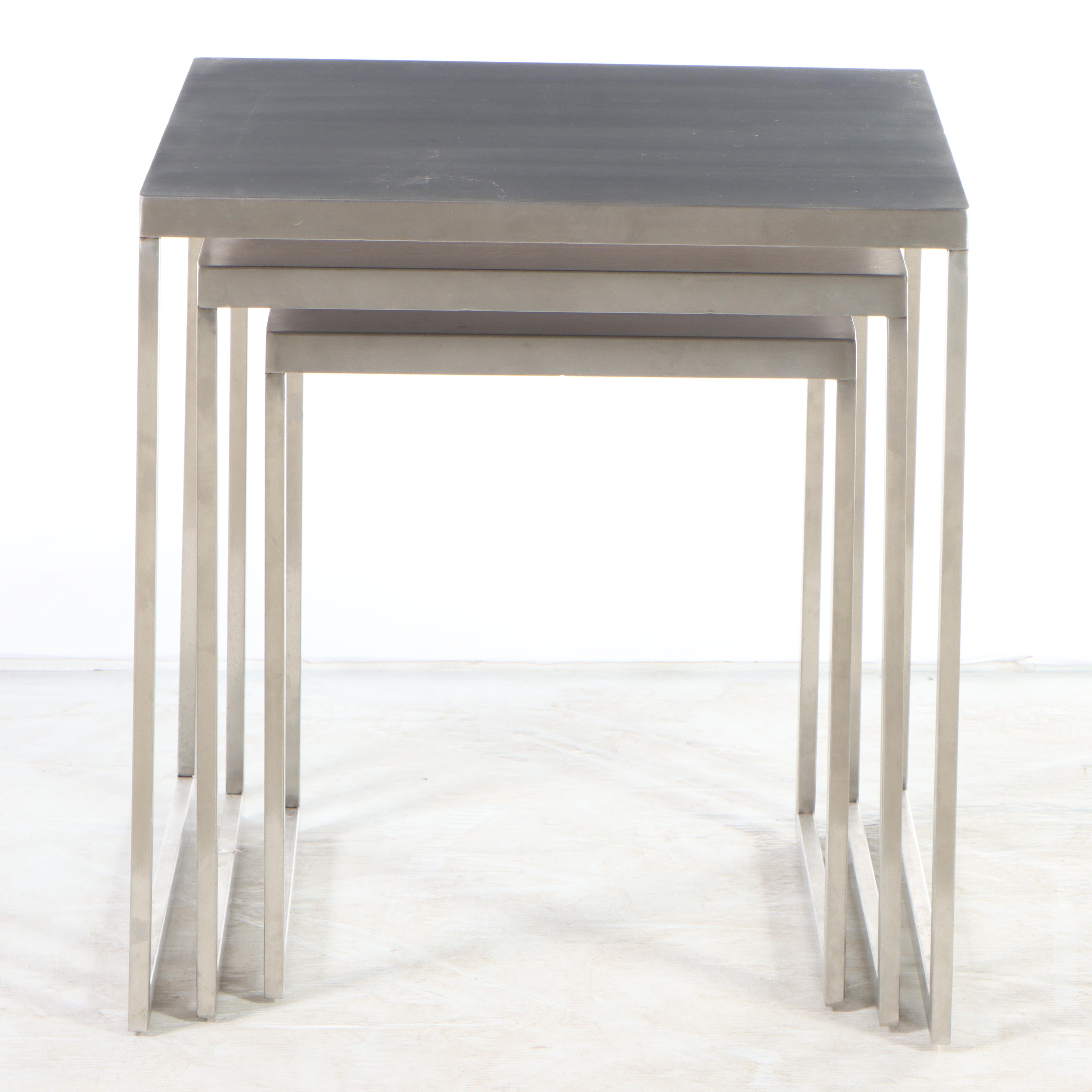 Three Modernist Style Brushed Metal Nesting Tables