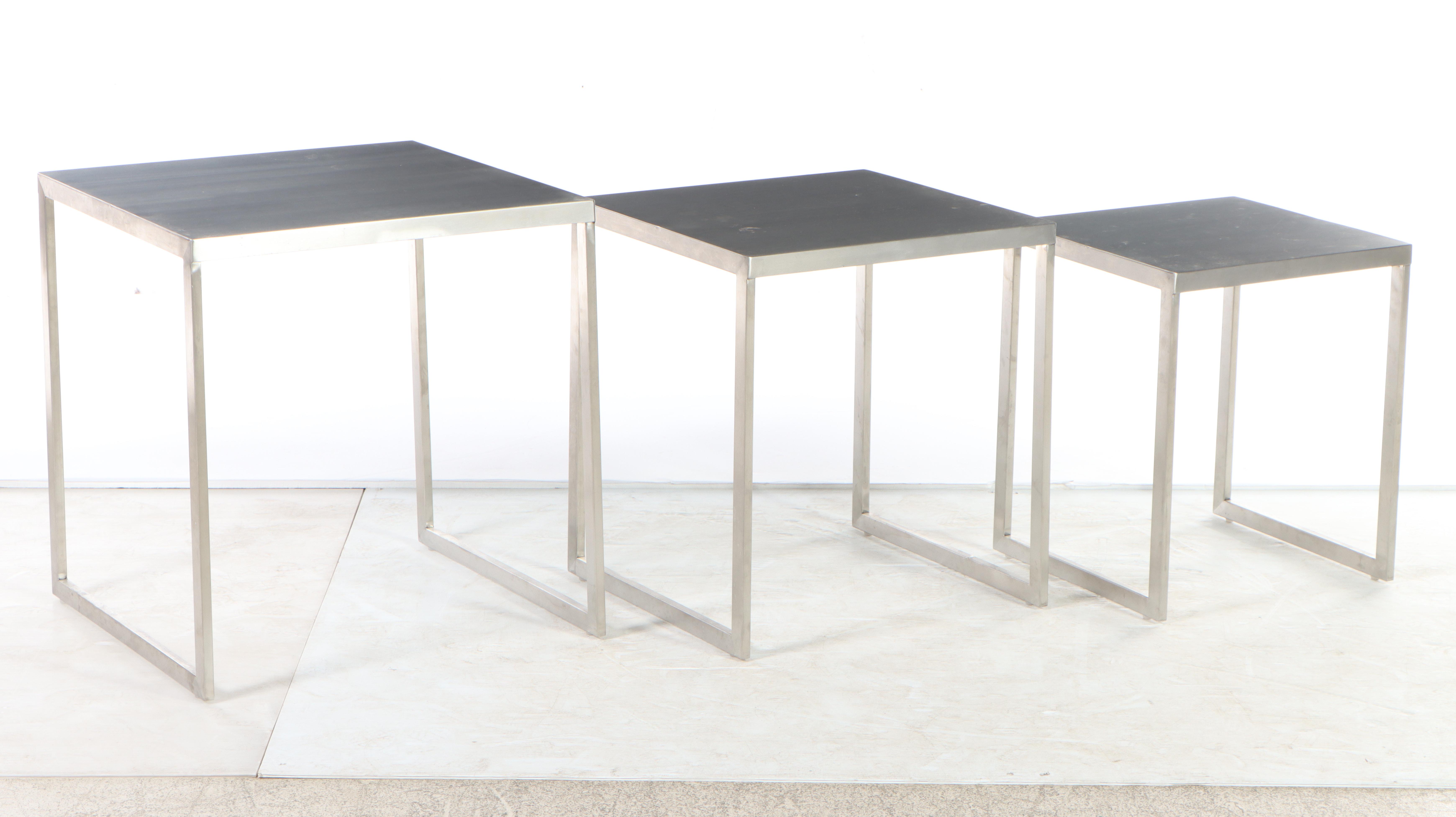Three Modernist Style Brushed Metal Nesting Tables