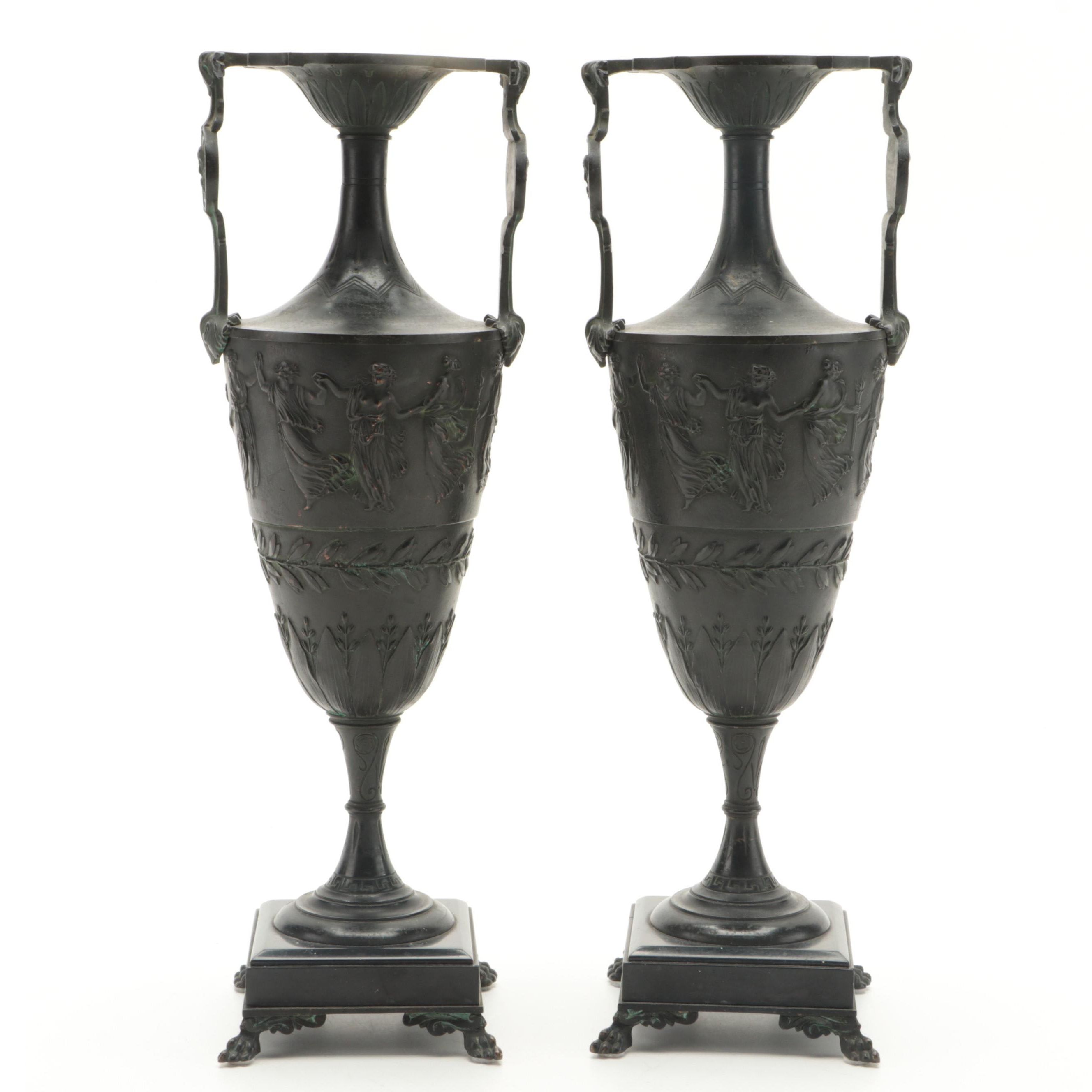 Pair of Greek Revival Bronzed Metal Amphora Urns