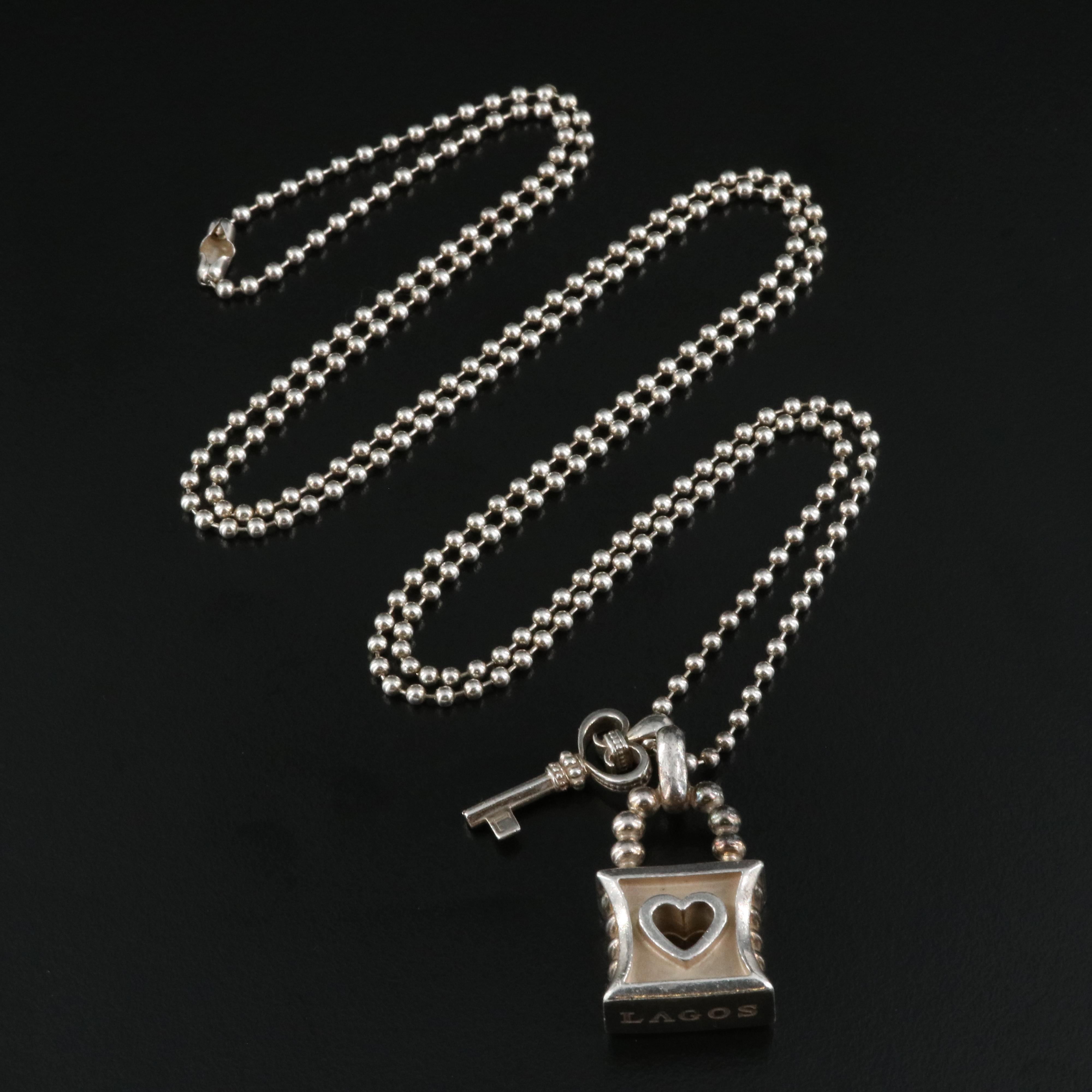 Lagos Sterling Heart Lock and "Signature Caviar" Key Pendant Necklace