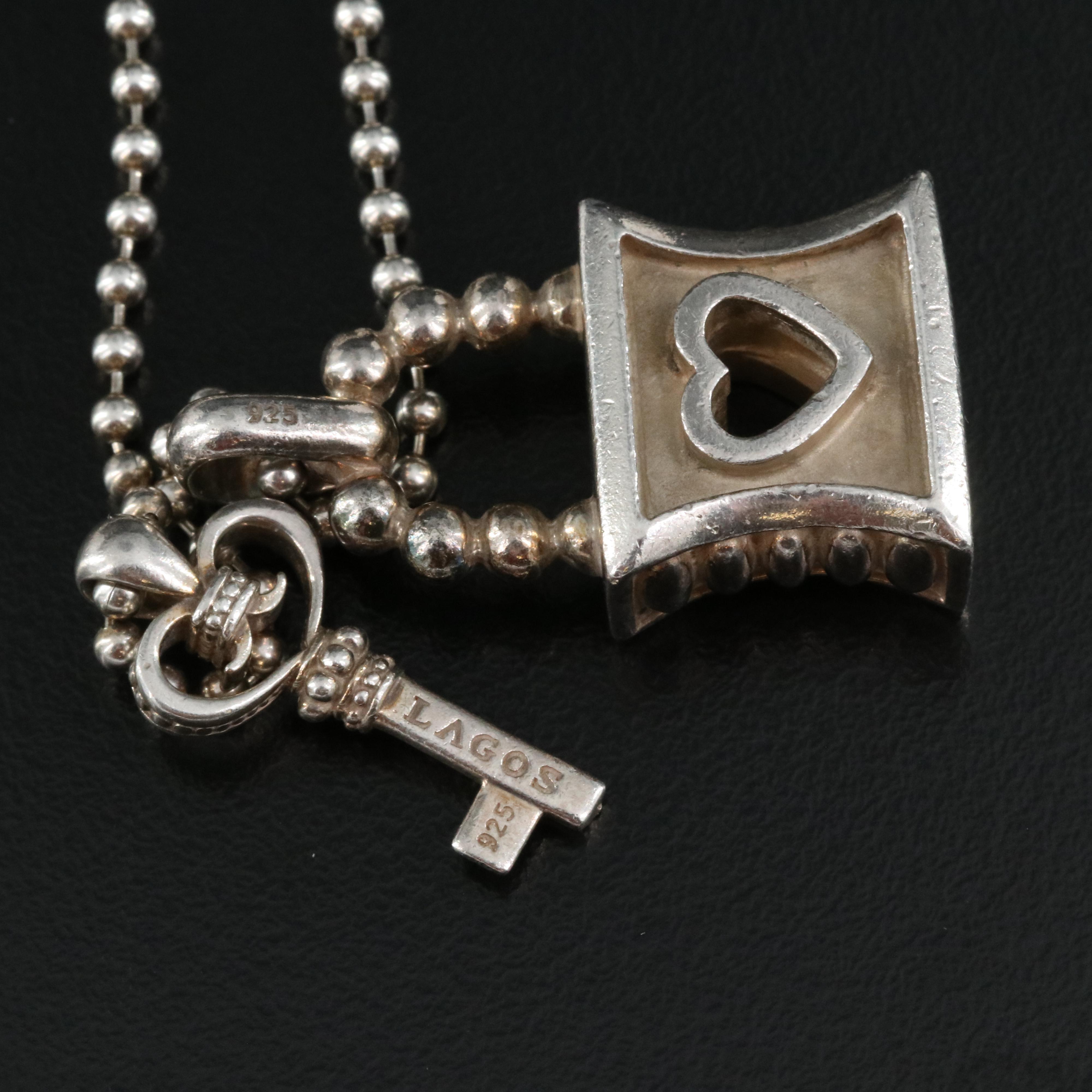 Lagos Sterling Heart Lock and "Signature Caviar" Key Pendant Necklace