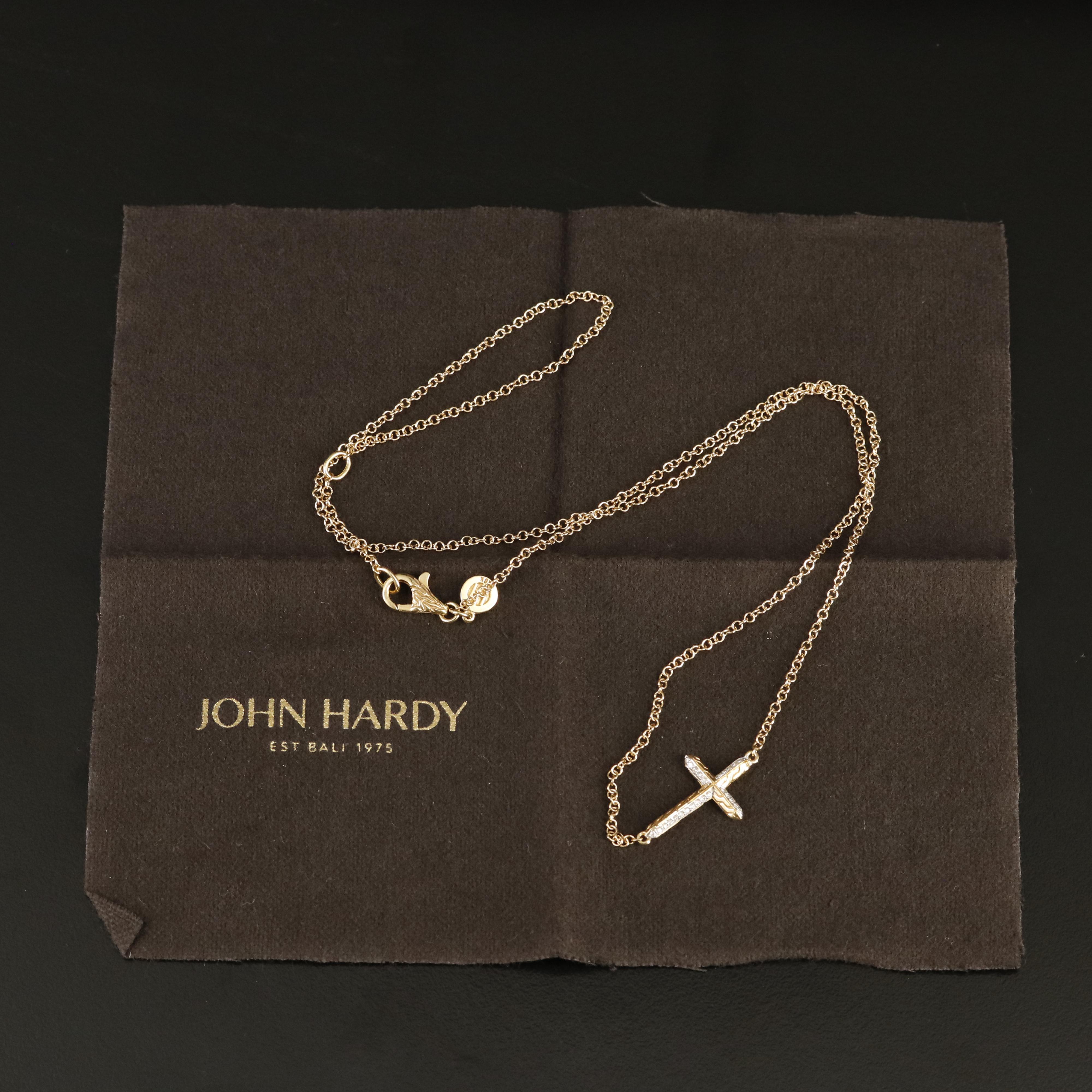 John Hardy "Classic Chain" 18K 0.13 CTW Diamond Cross Neckalce