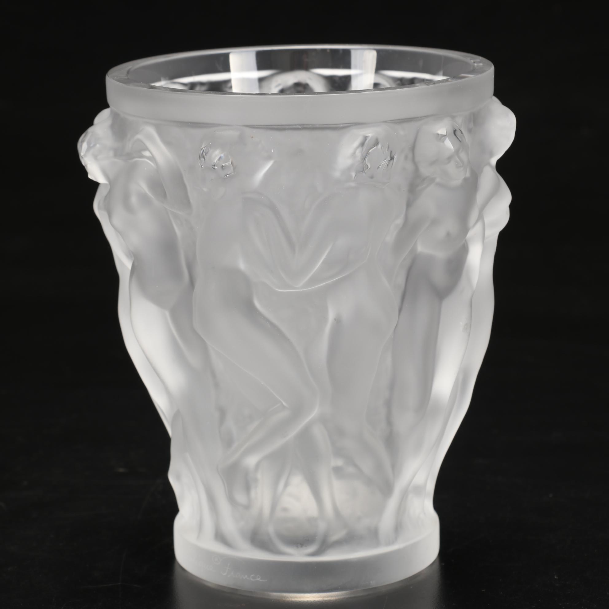 Lalique "Bacchantes" Frosted Crystal Flower Vase, Late 20th Century
