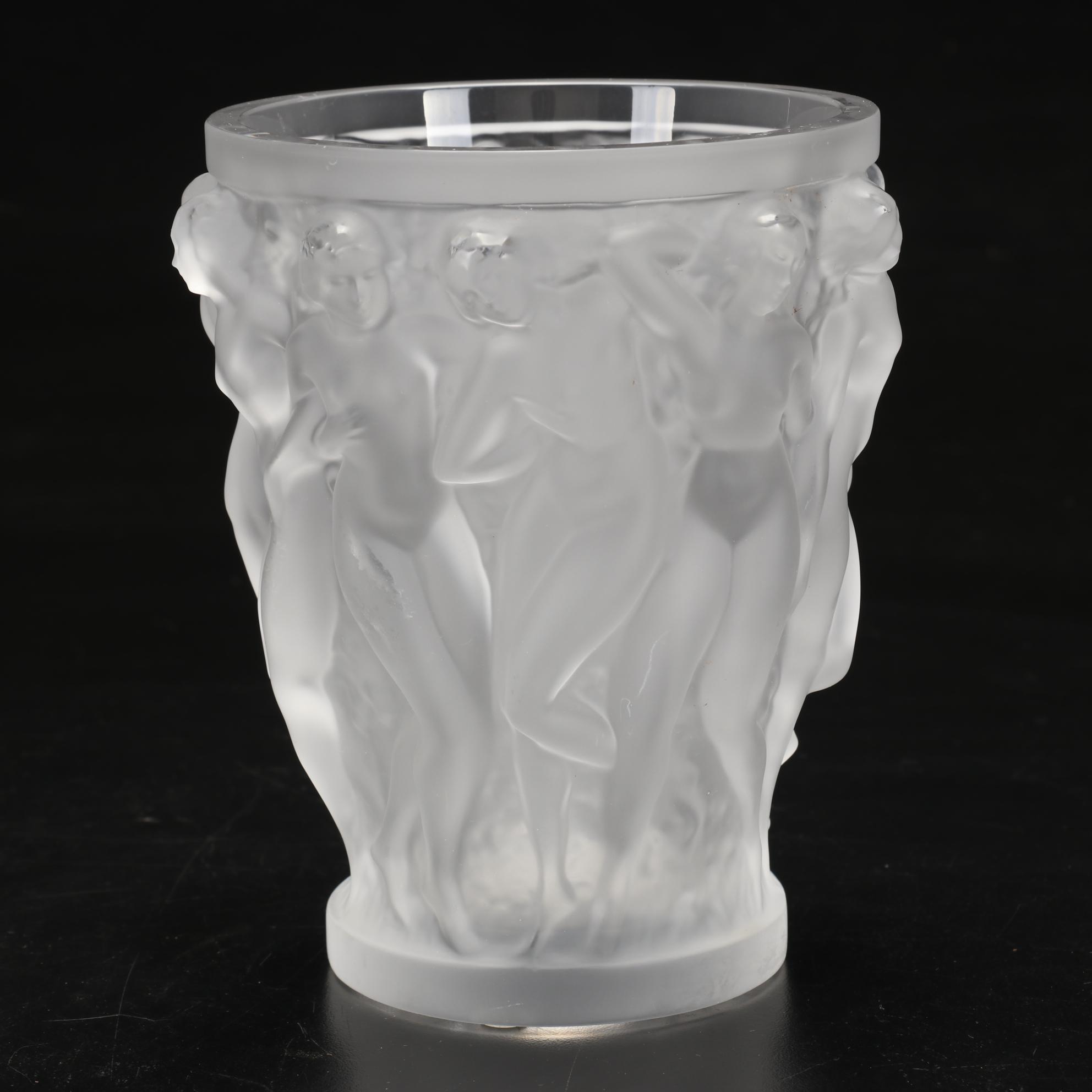 Lalique "Bacchantes" Frosted Crystal Flower Vase, Late 20th Century