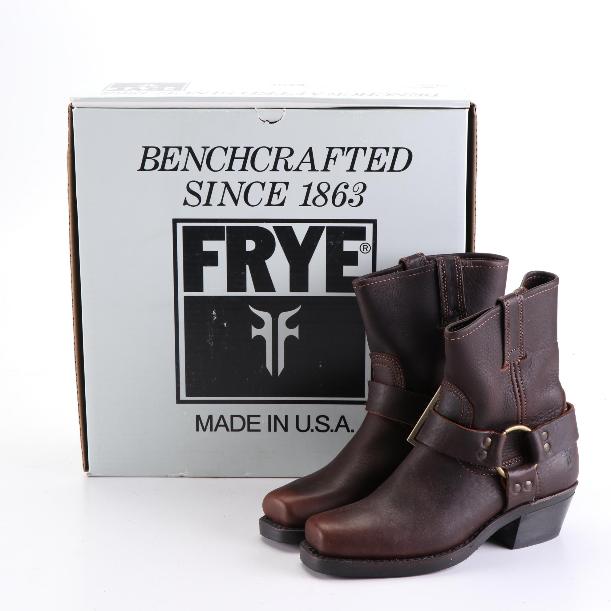 Frye Harness Boots in Dark Brown Leather with Box