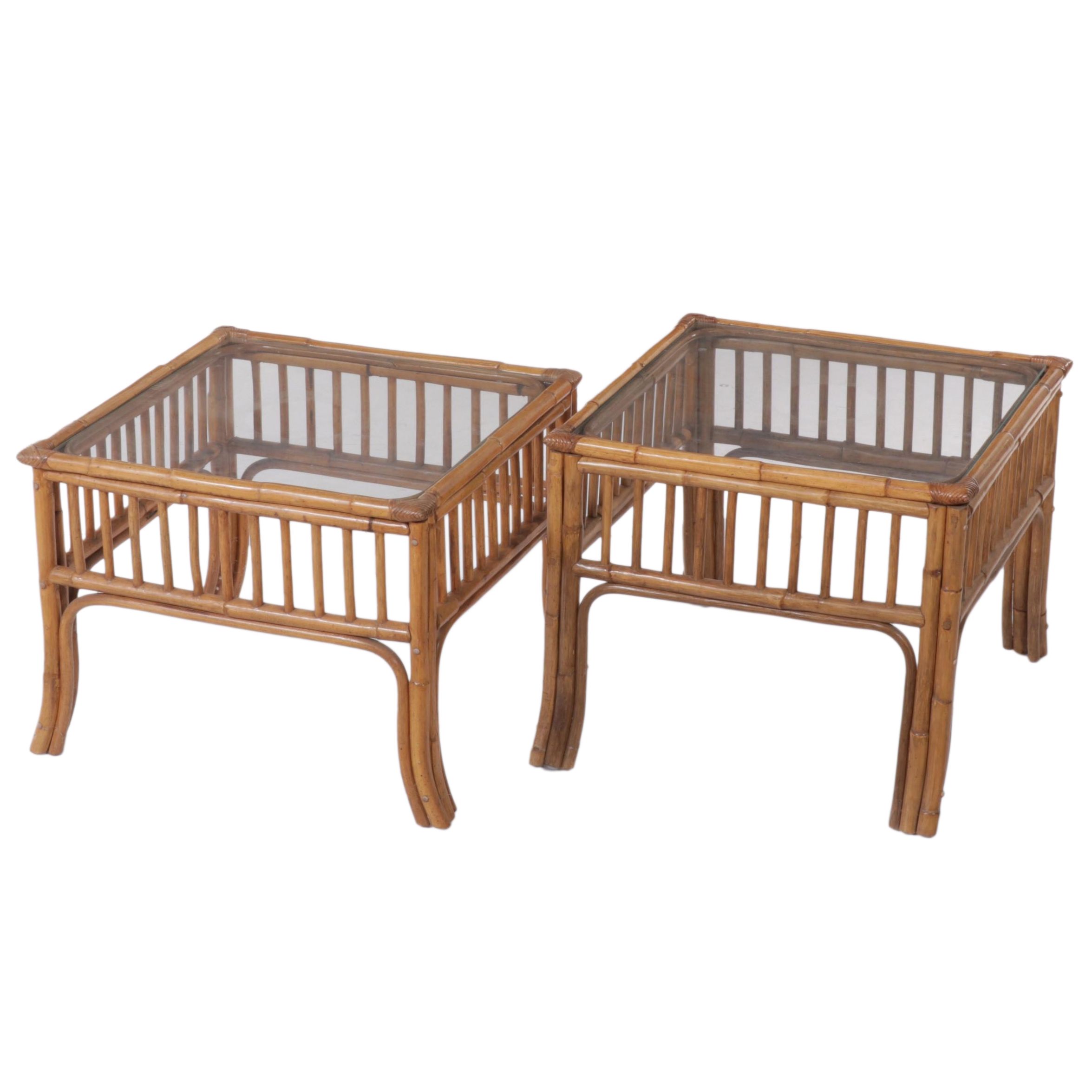 Pair of Rattan and Glass Top Patio Side Tables, Mid to Late 20th Century