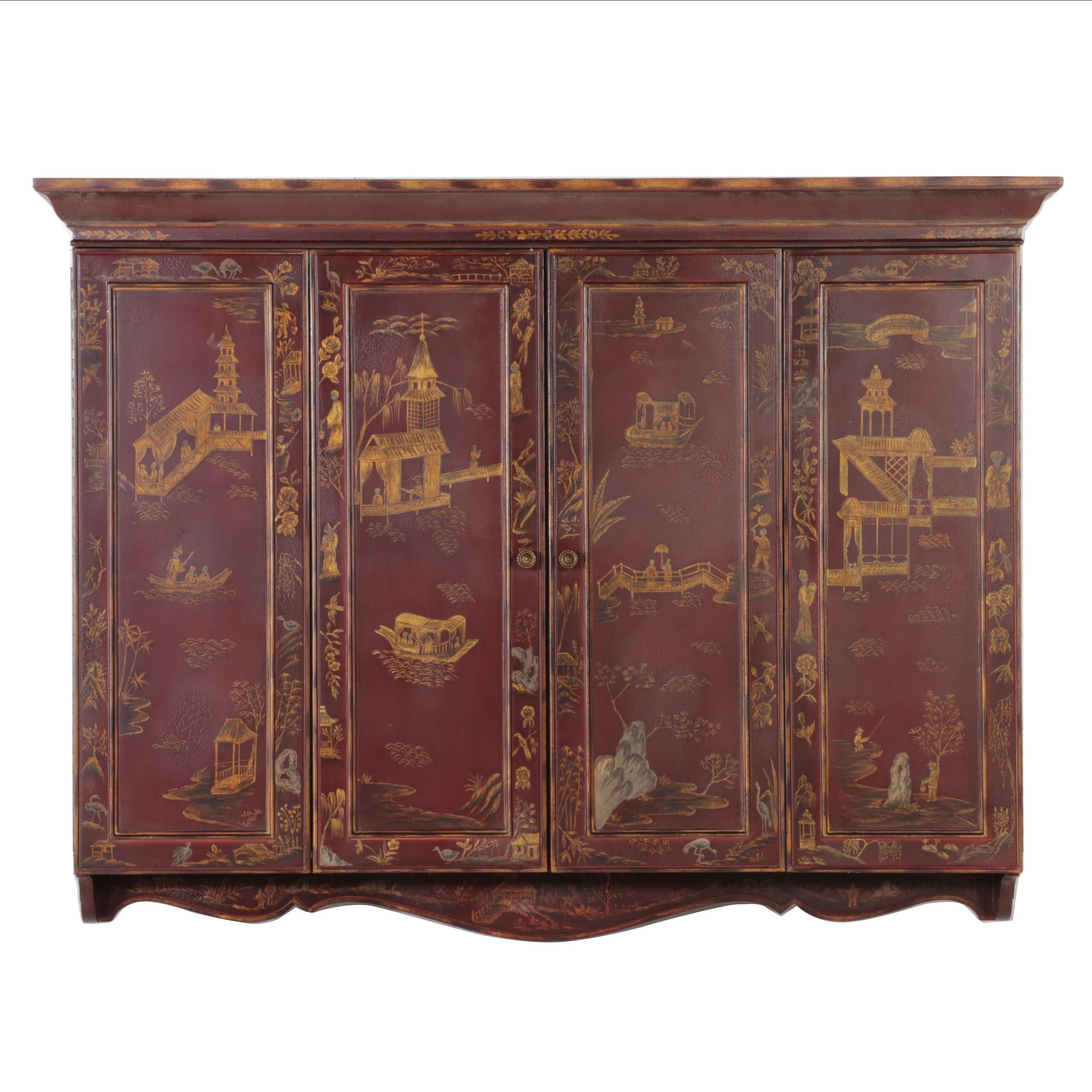 Maitland-Smith Chinoiserie-Decorated Wall-Mounted TV Cabinet
