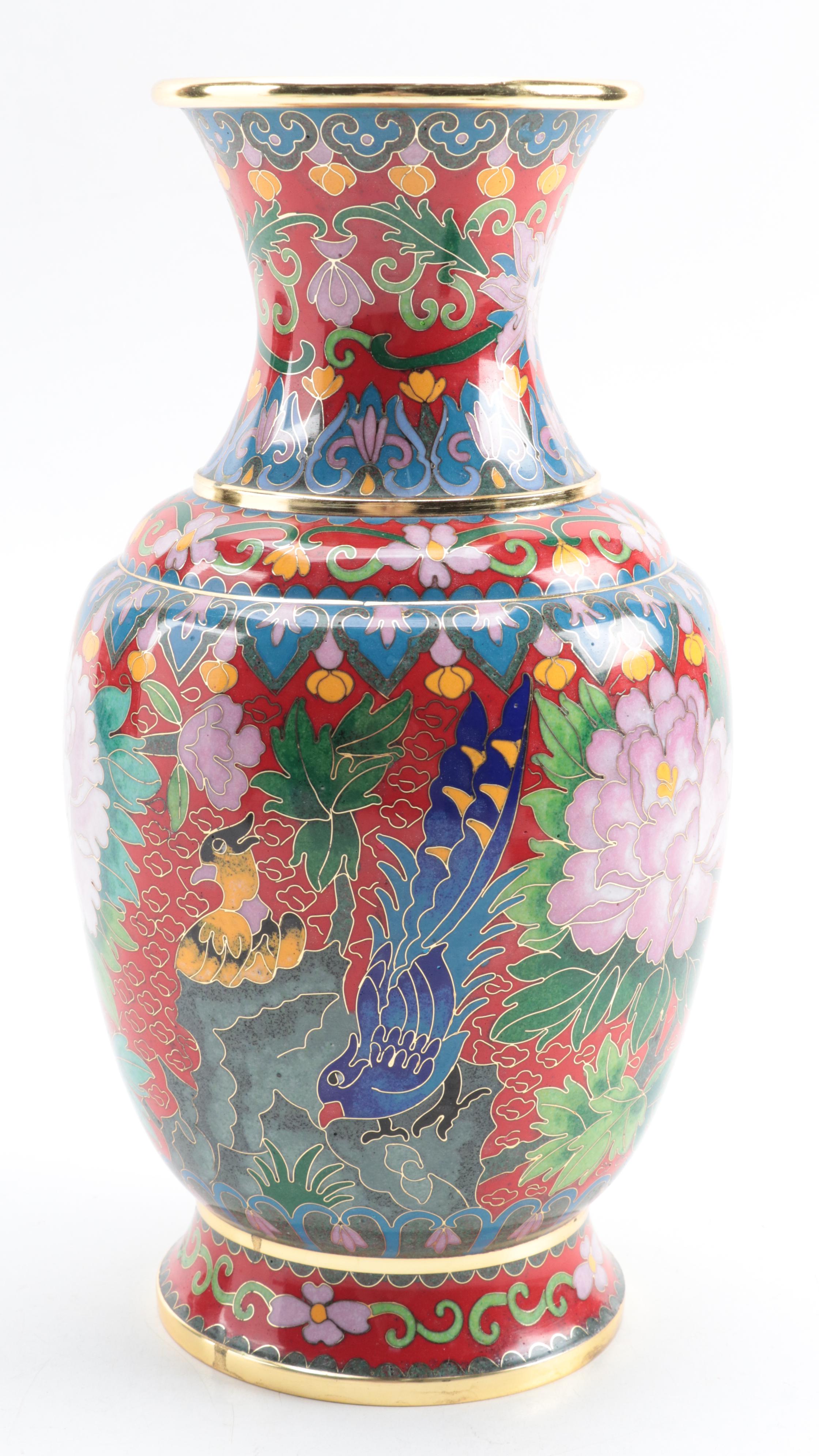 Chinese Cloisonné Garden Motif Vase with Miniature Peony Motif Vases