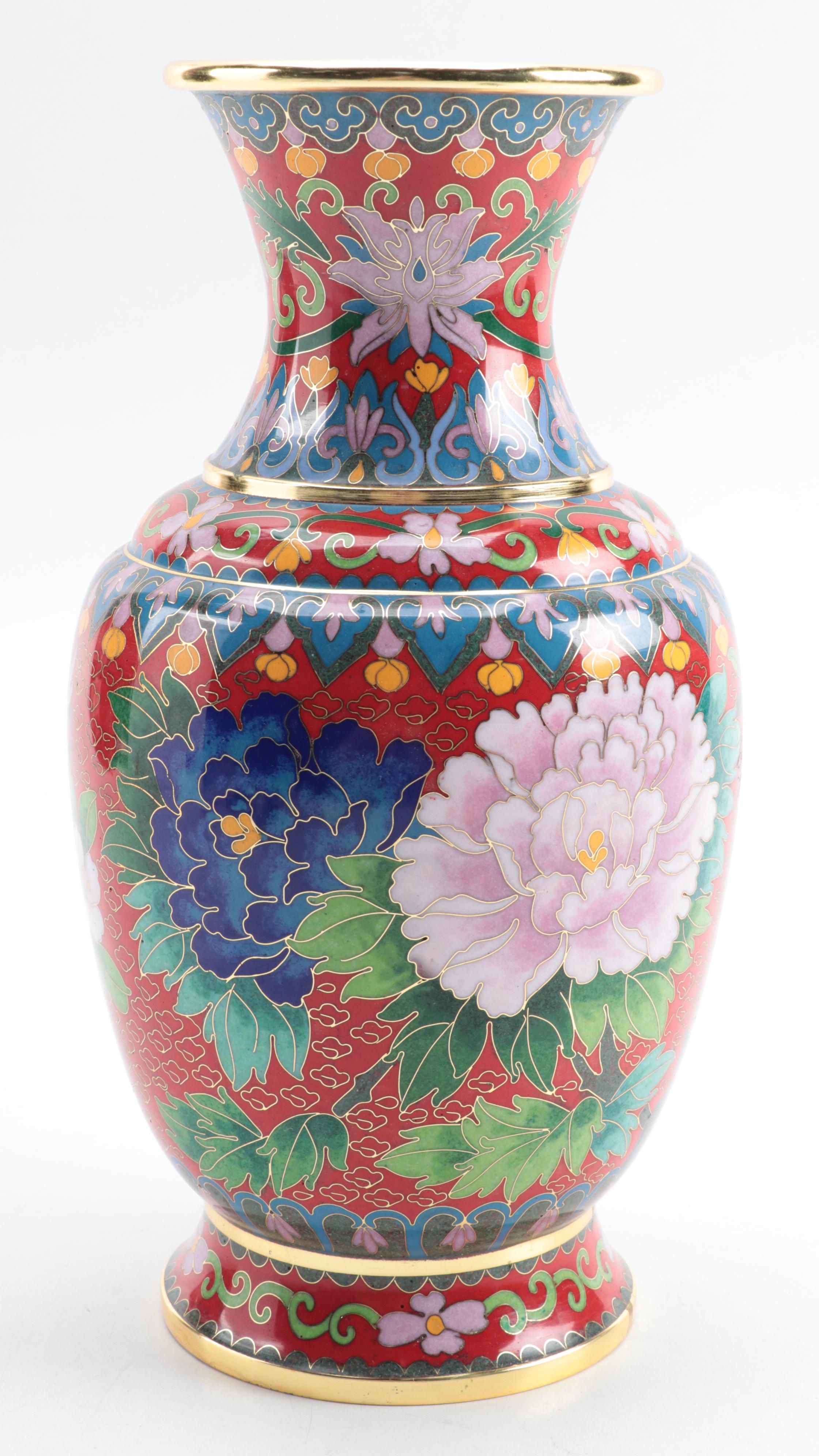 Chinese Cloisonné Garden Motif Vase with Miniature Peony Motif Vases
