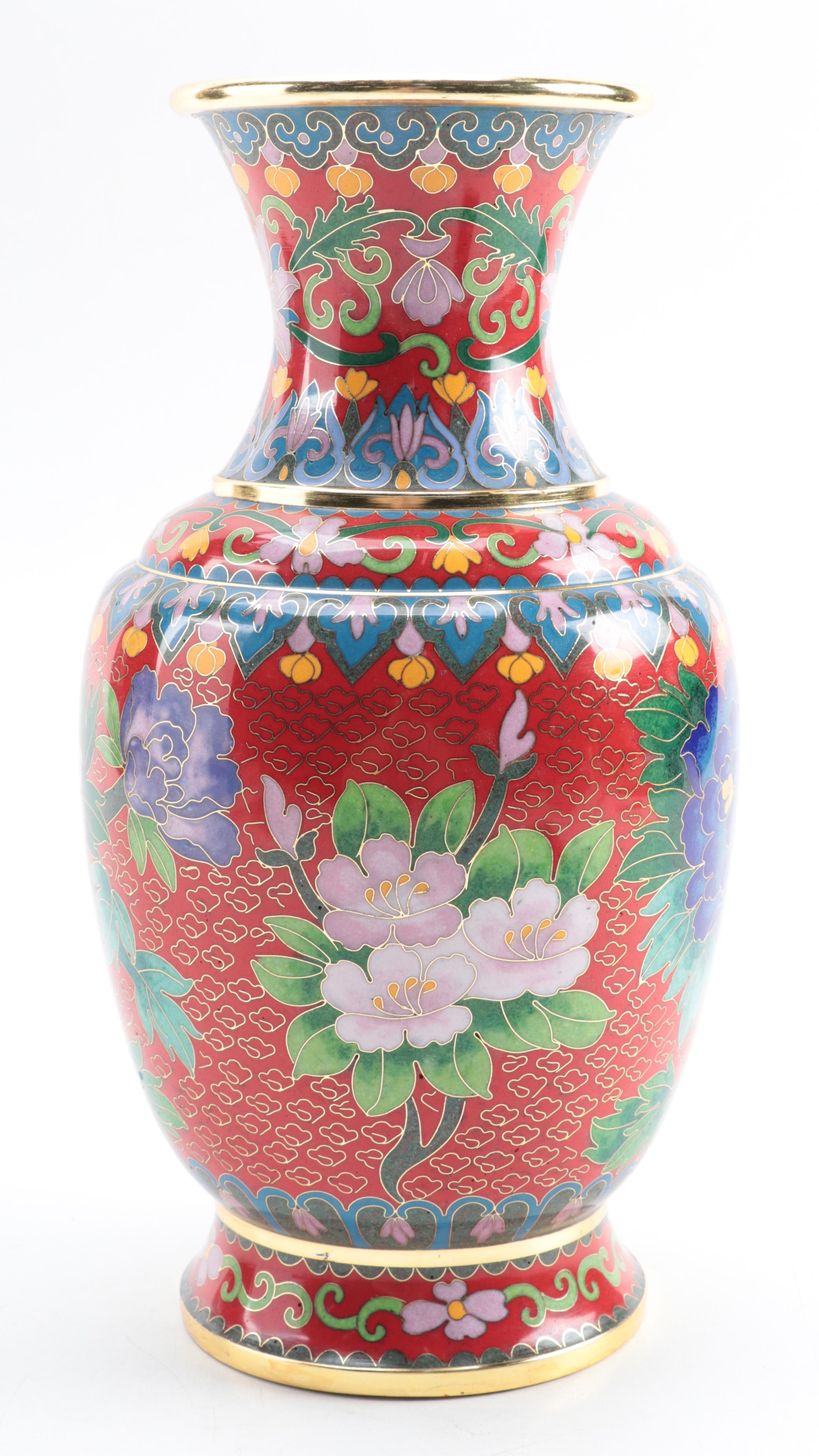 Chinese Cloisonné Garden Motif Vase with Miniature Peony Motif Vases