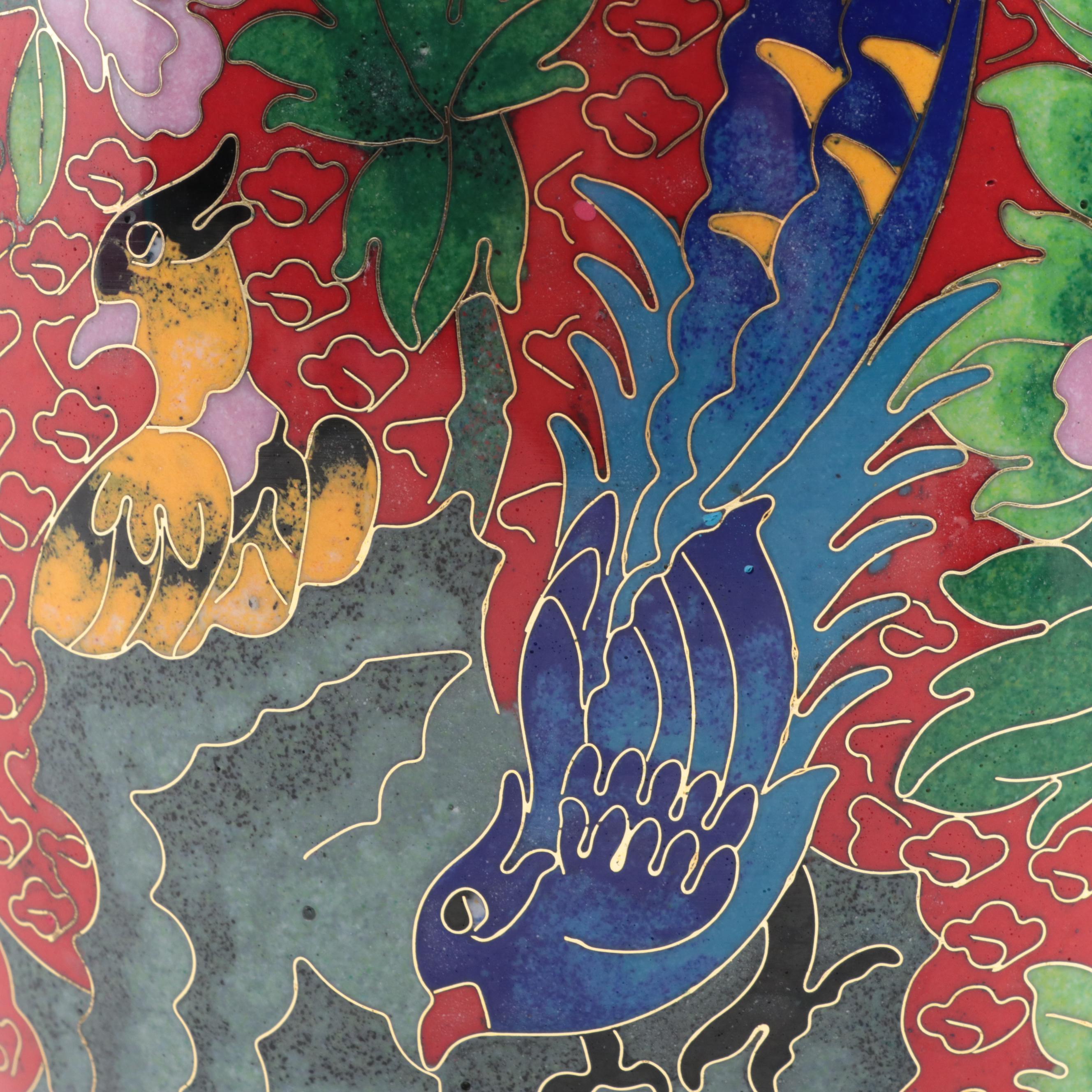 Chinese Cloisonné Garden Motif Vase with Miniature Peony Motif Vases