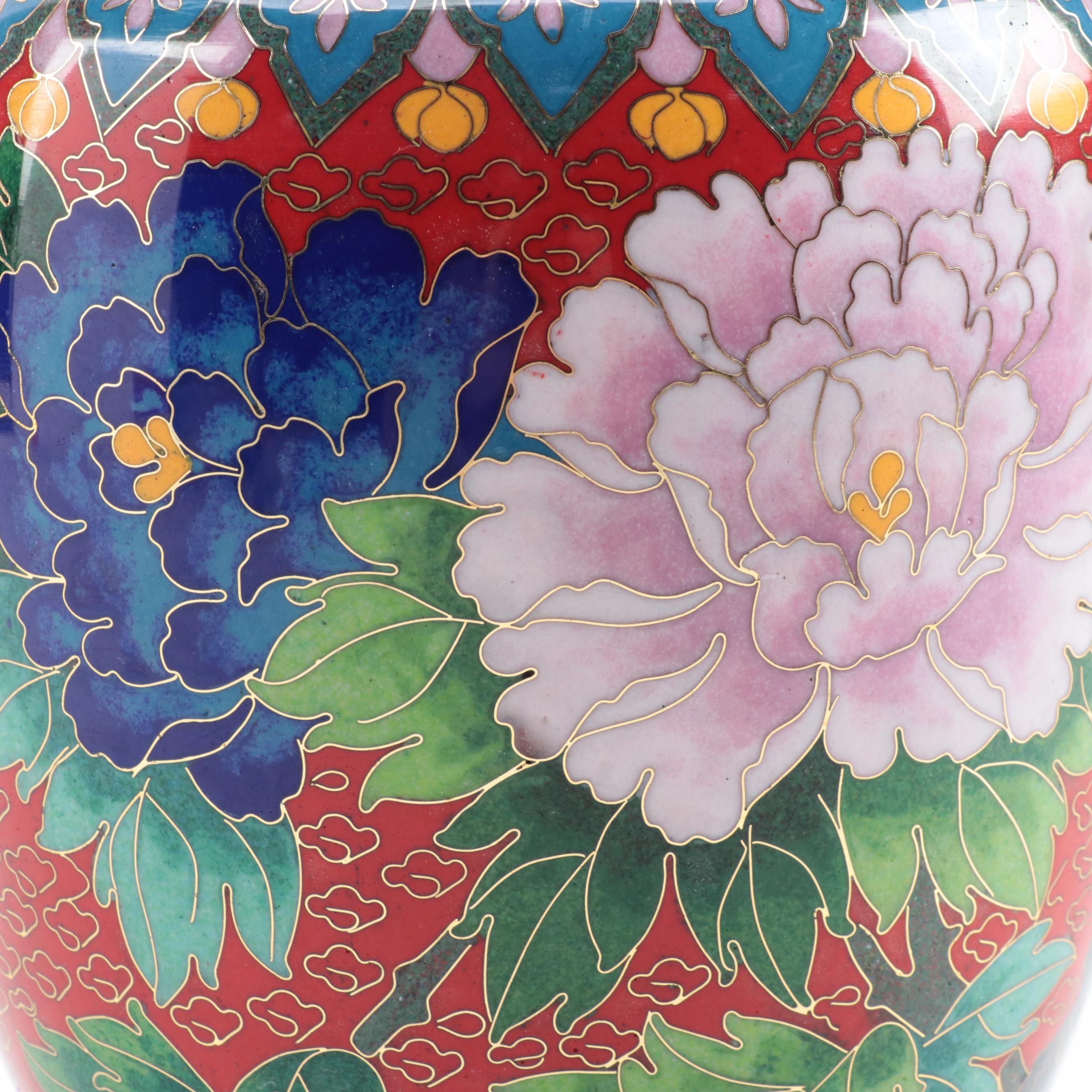 Chinese Cloisonné Garden Motif Vase with Miniature Peony Motif Vases