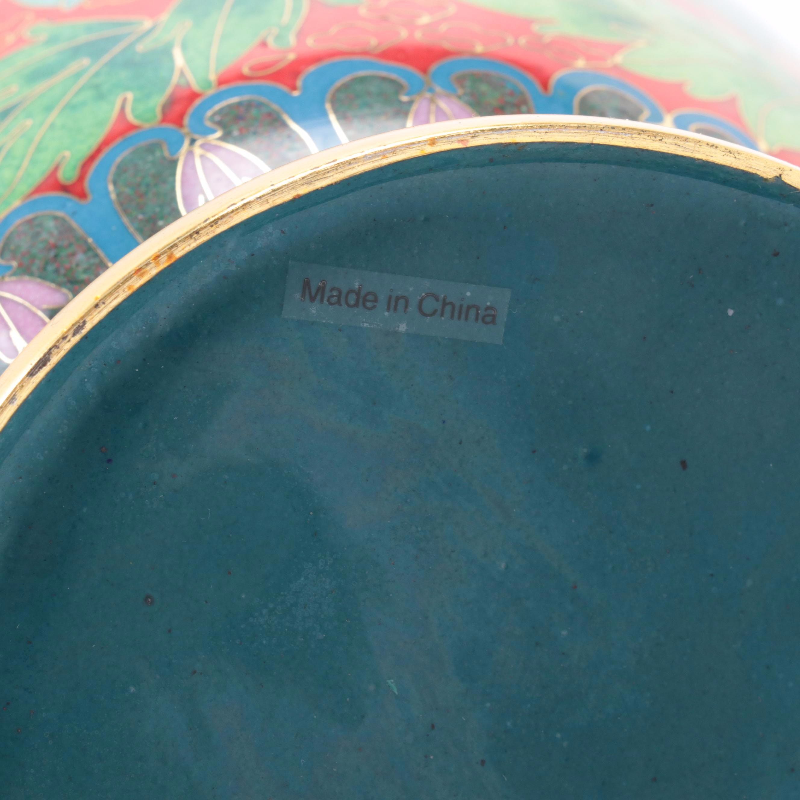 Chinese Cloisonné Garden Motif Vase with Miniature Peony Motif Vases