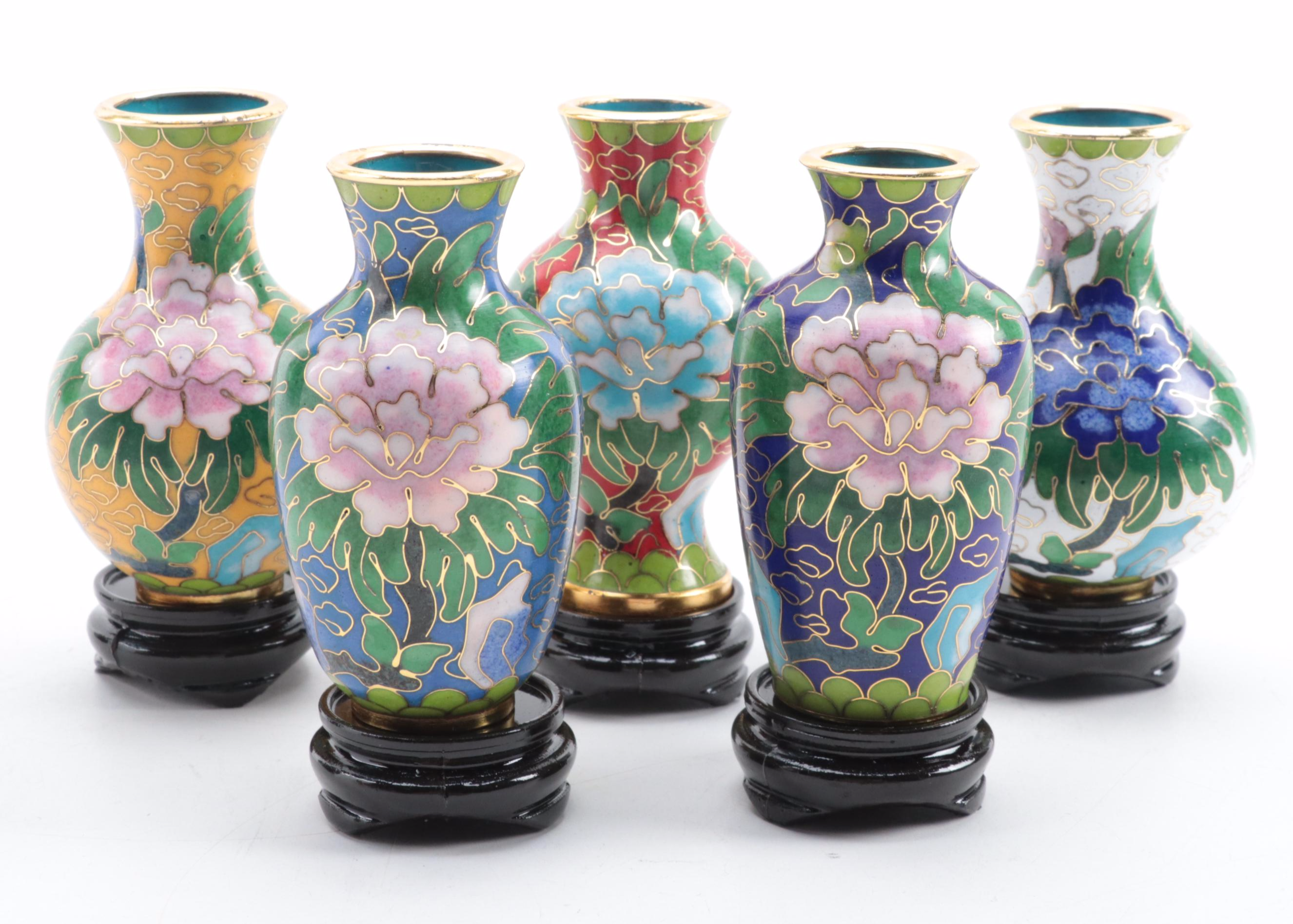 Chinese Cloisonné Garden Motif Vase with Miniature Peony Motif Vases