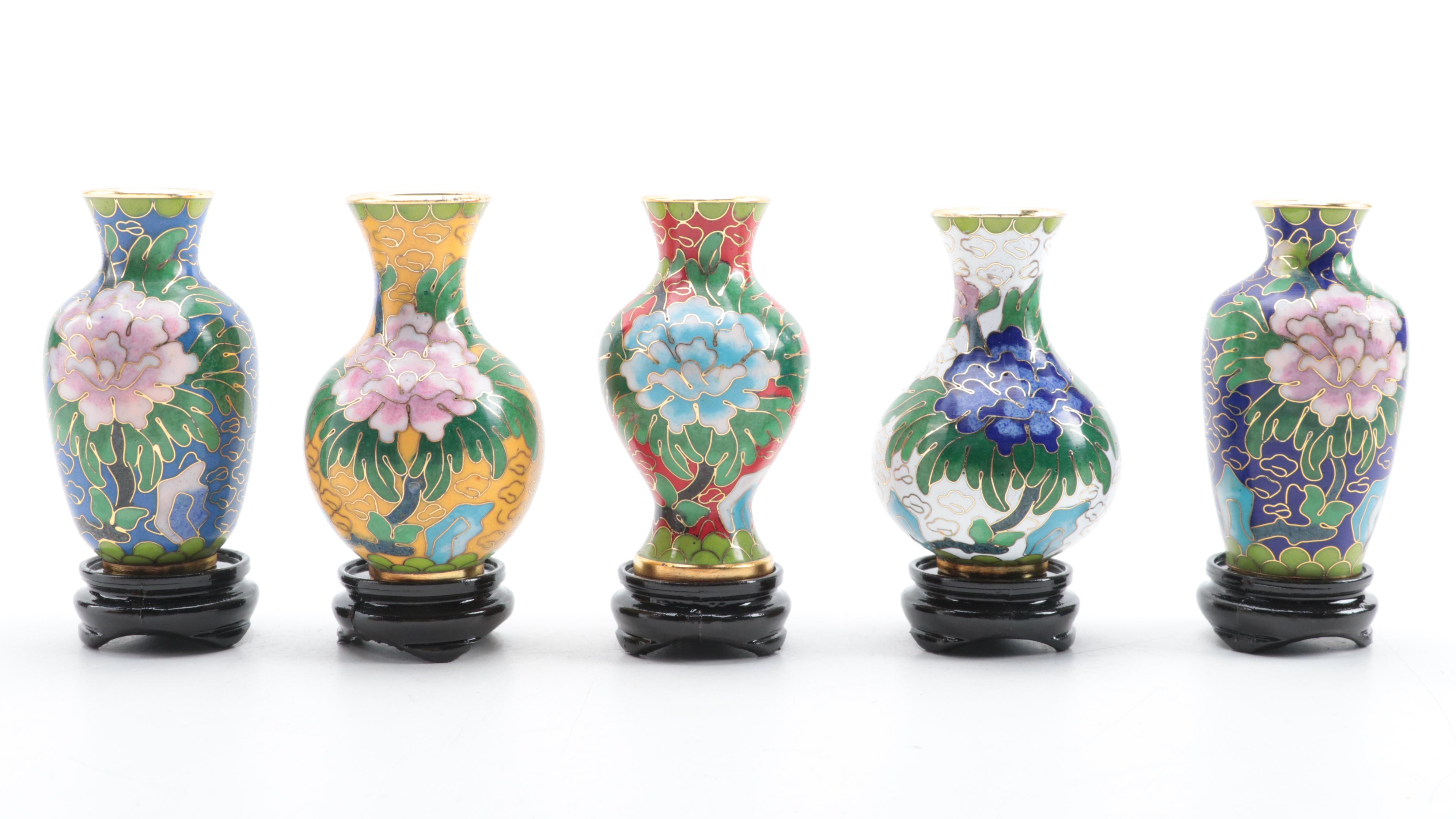 Chinese Cloisonné Garden Motif Vase with Miniature Peony Motif Vases