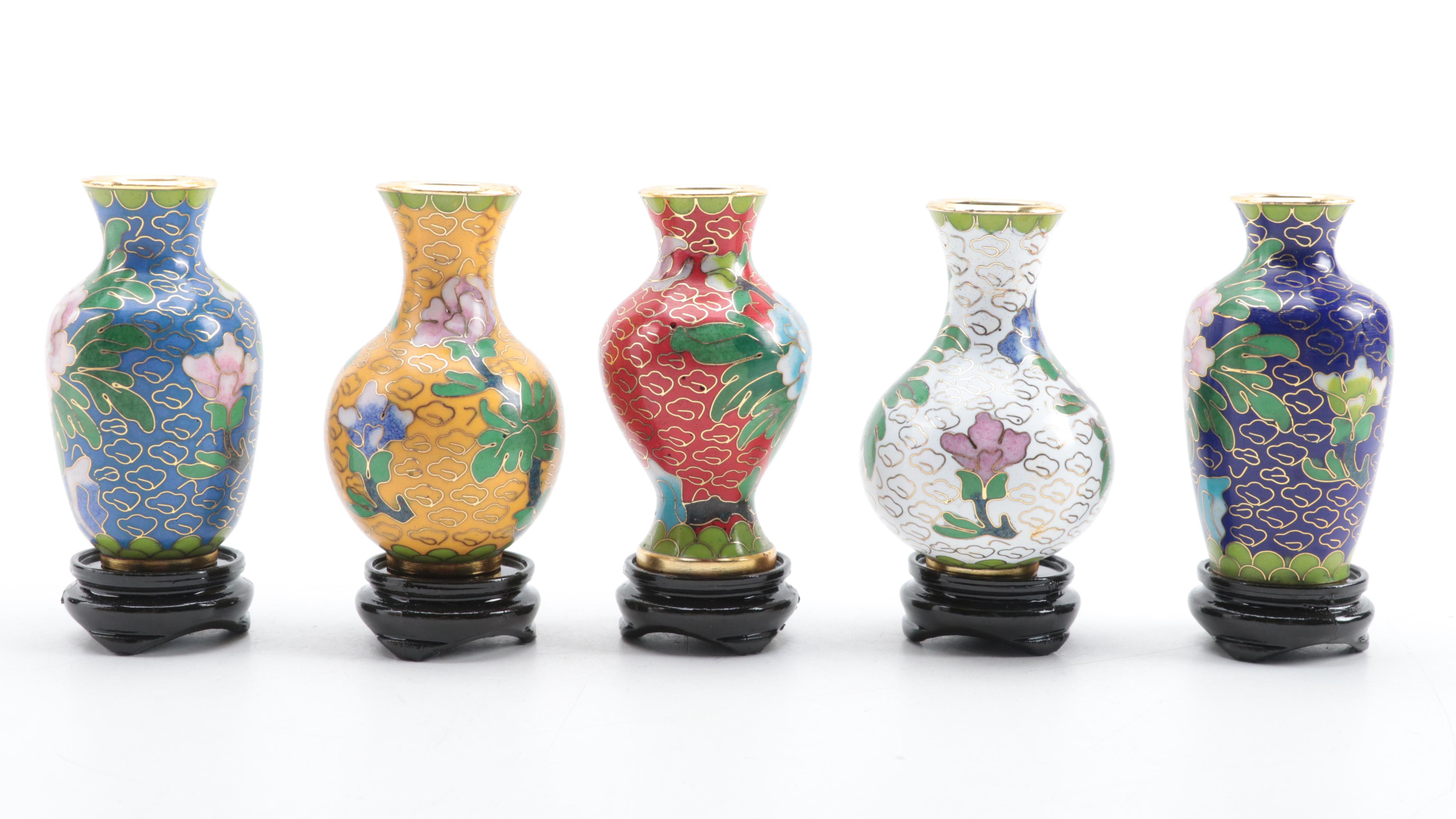 Chinese Cloisonné Garden Motif Vase with Miniature Peony Motif Vases